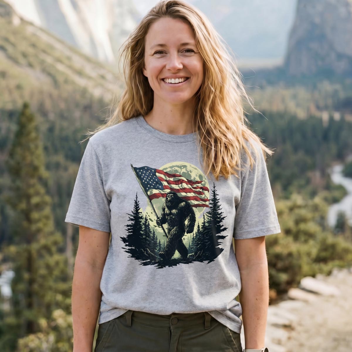 Forest Moon Cryptid with American Flag T-Shirt