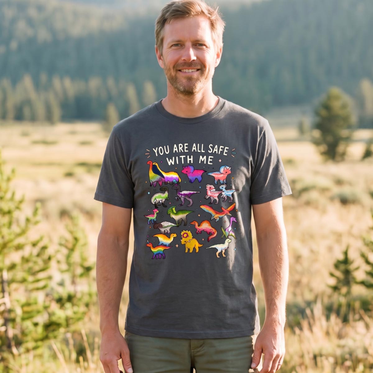 You Are Safe With Me Rainbow Dinosaur T-Shirt