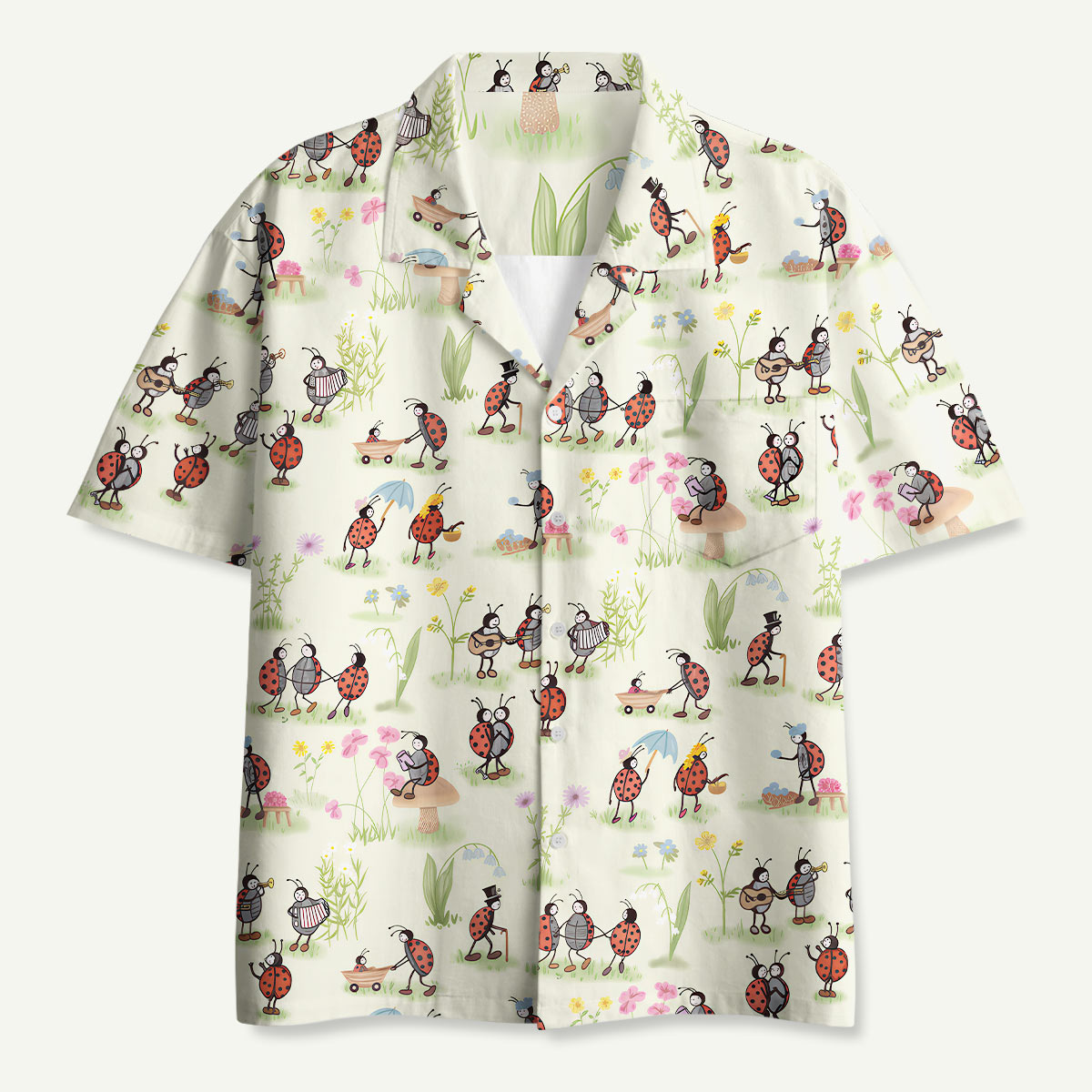 Ladybug and Flower Hawaii Button Up Pocket Shirt