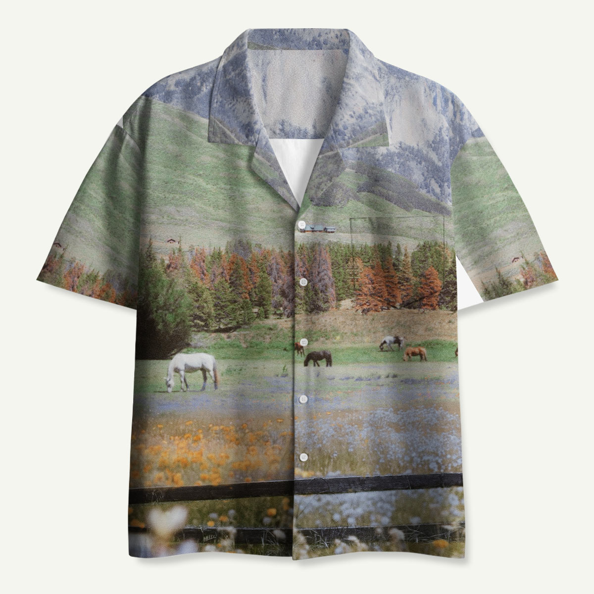 Mountain Meadow Wild Horse Landscape Hawaii Button Up Pocket Shirt