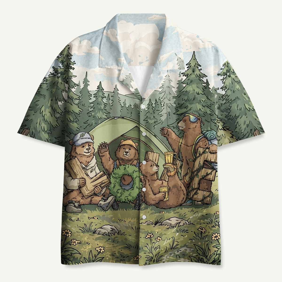 Happy Camping Bears Hawaii Button Up Pocket Shirt
