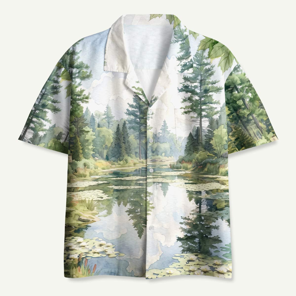 Watercolor Forest Lake Hawaii Button Up Pocket Shirt