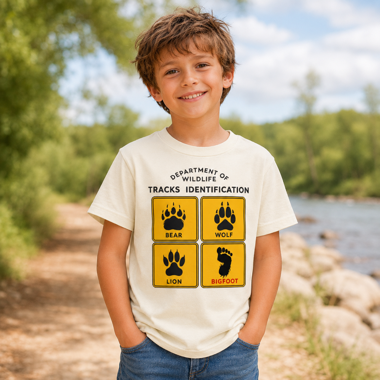 Department of Wildlife Tracks Identification Bear Wolf Lion Cryptids Kids T-Shirt