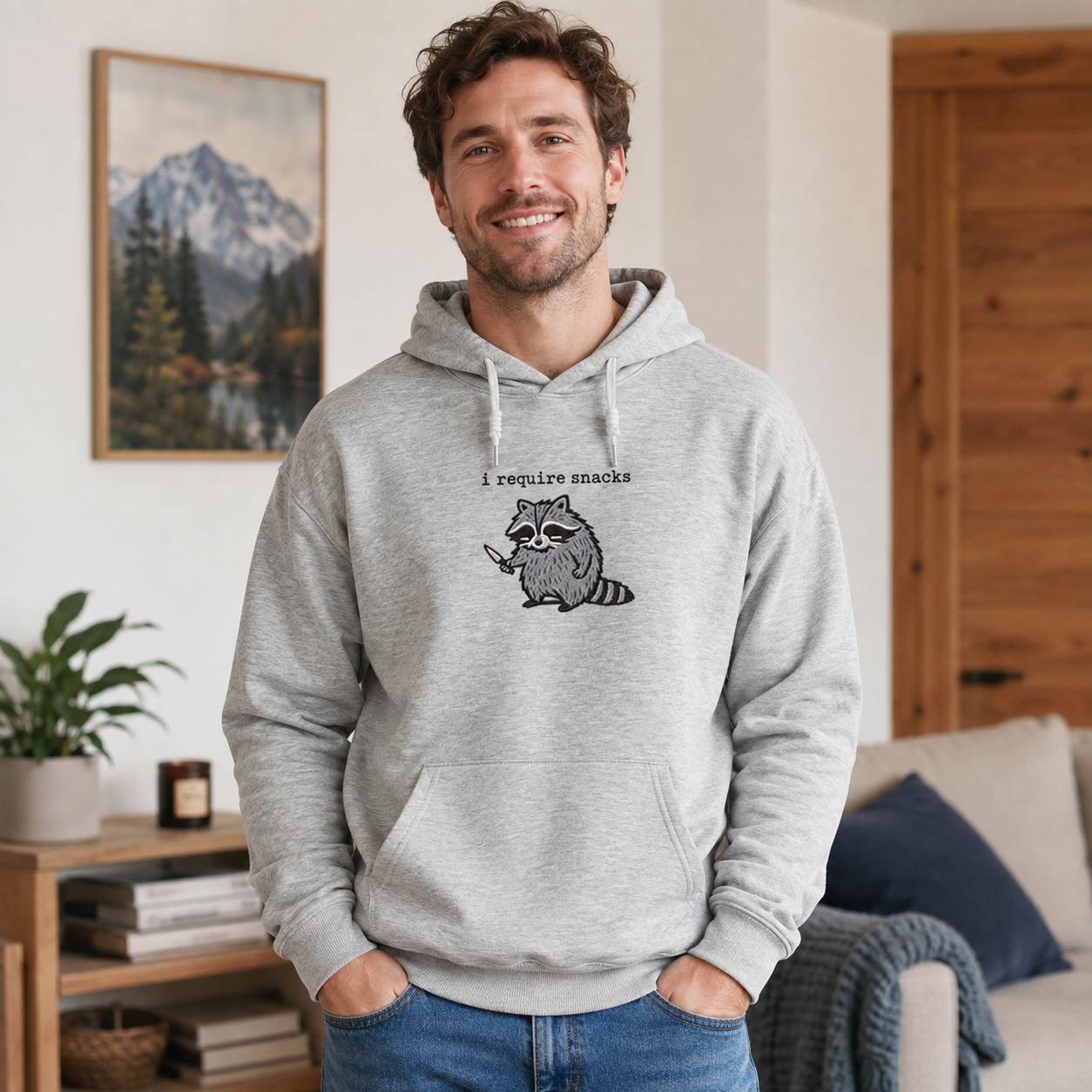I Require Snacks Raccoon Embroidered Cotton Hoodie