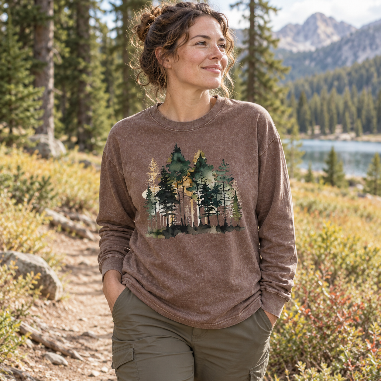 Watercolor Pine Forest Landscape Washed Long Sleeves