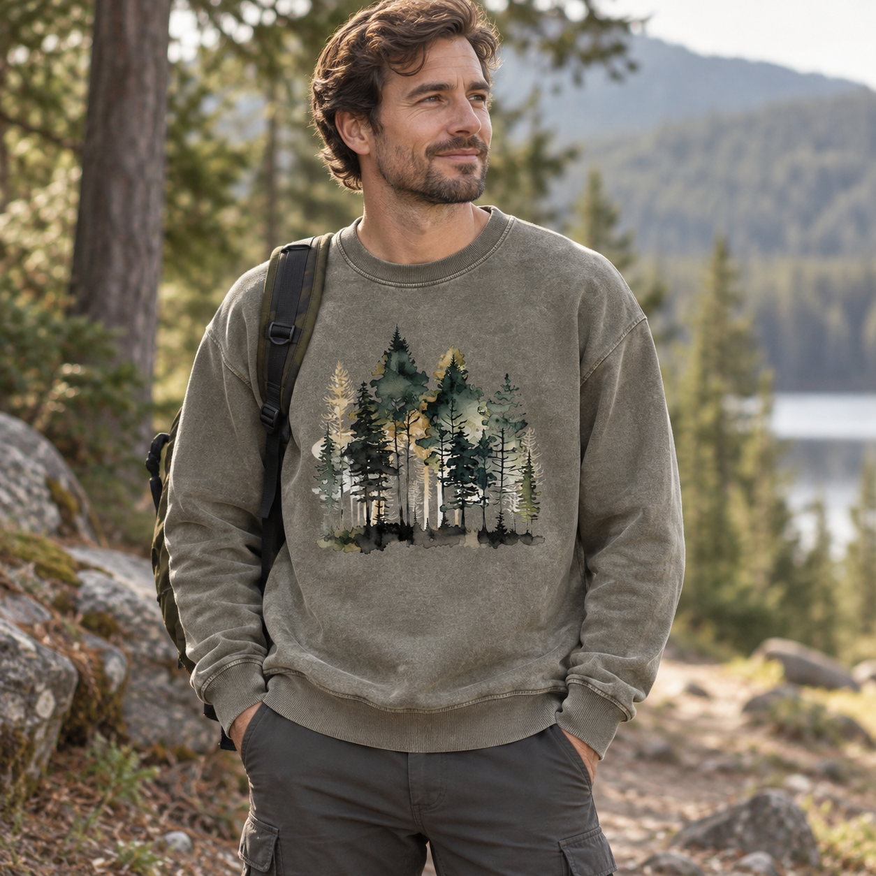 Watercolor Pine Forest Landscape Washed Sweatshirts