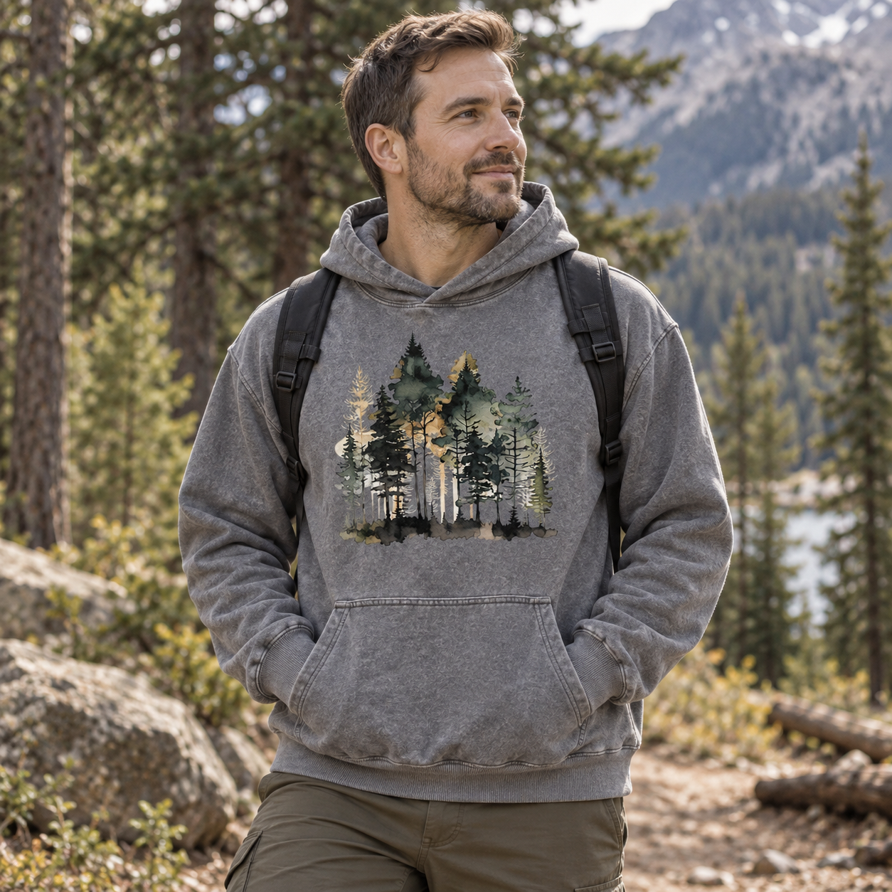 Watercolor Pine Forest Landscape Washed Hoodie
