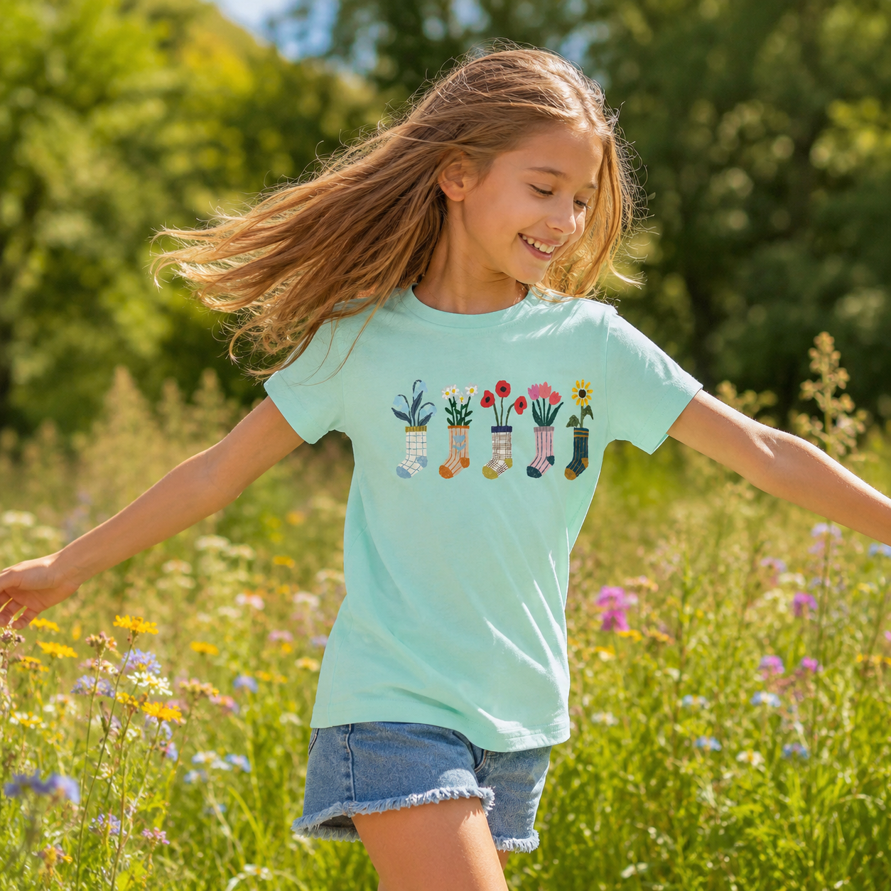 Sock Flower Garden Mint Kids T-Shirt
