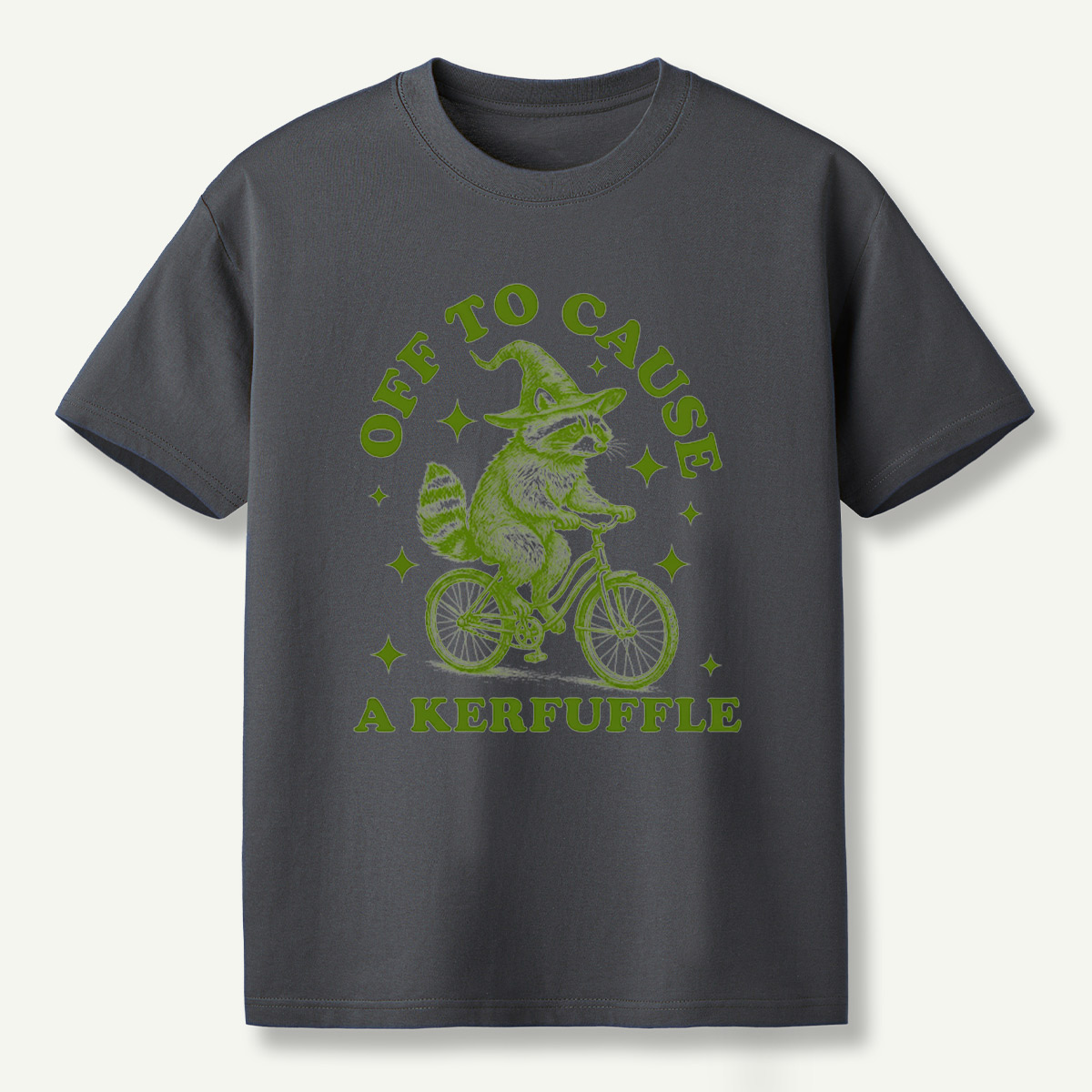 Off To Cause A Kerfuffle Raccoon Witch Bicycle T-Shirt