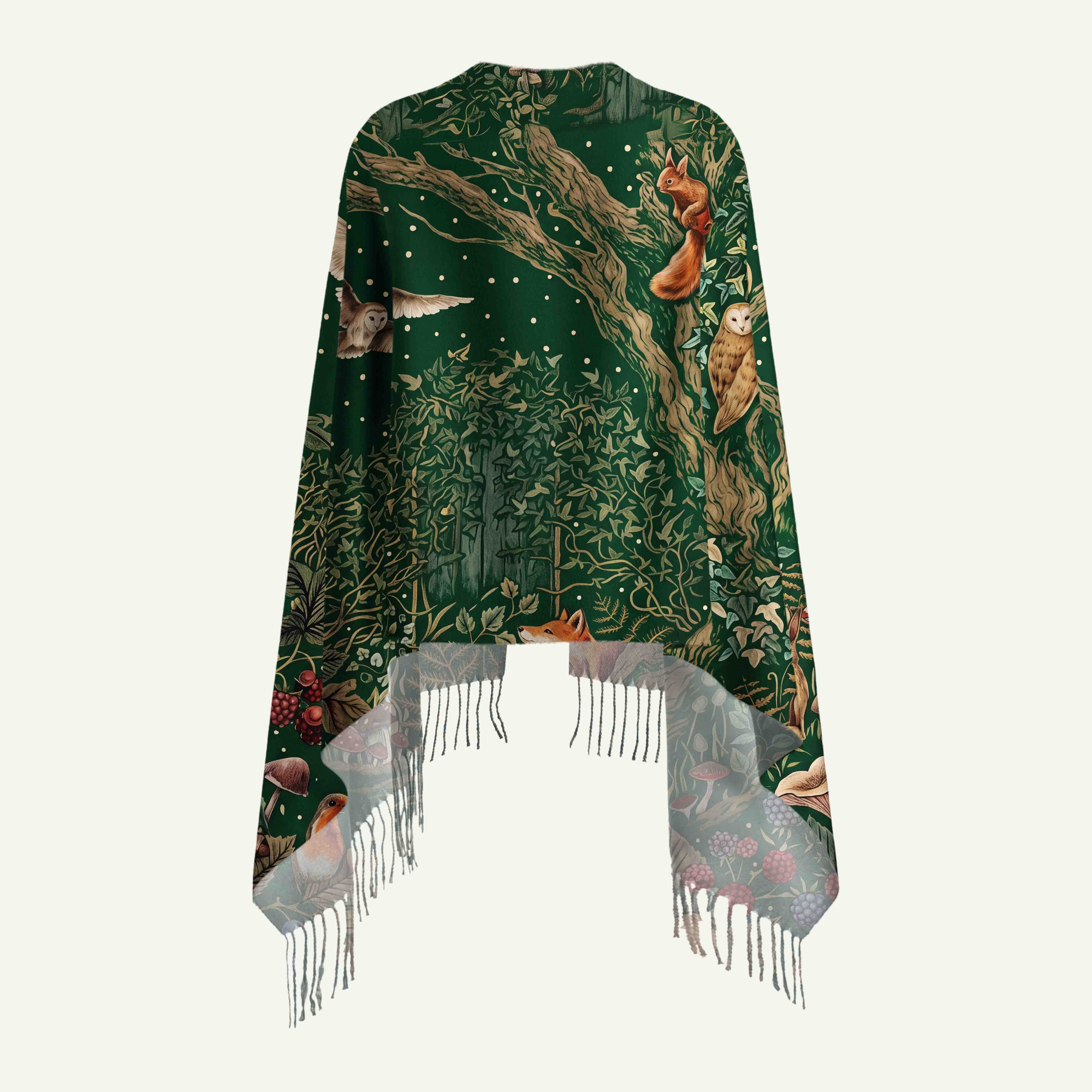 Woodland Tapestry Animal Long Cashmere Scarf with Tassels