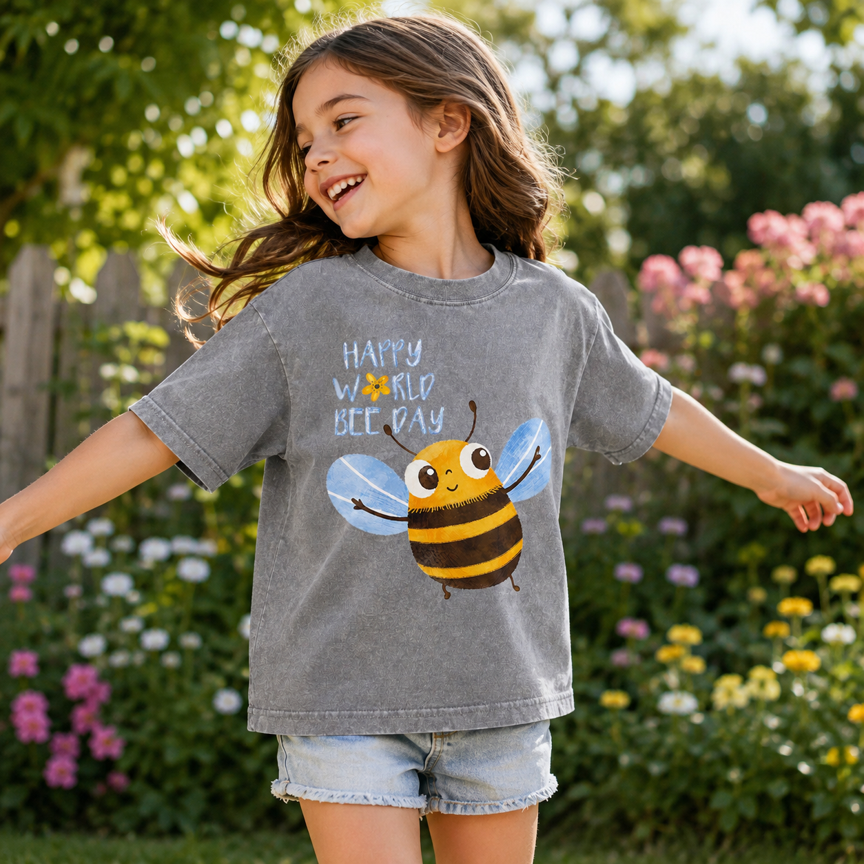 Happy World Bee Day Cute Bee Kids Washed T-Shirt
