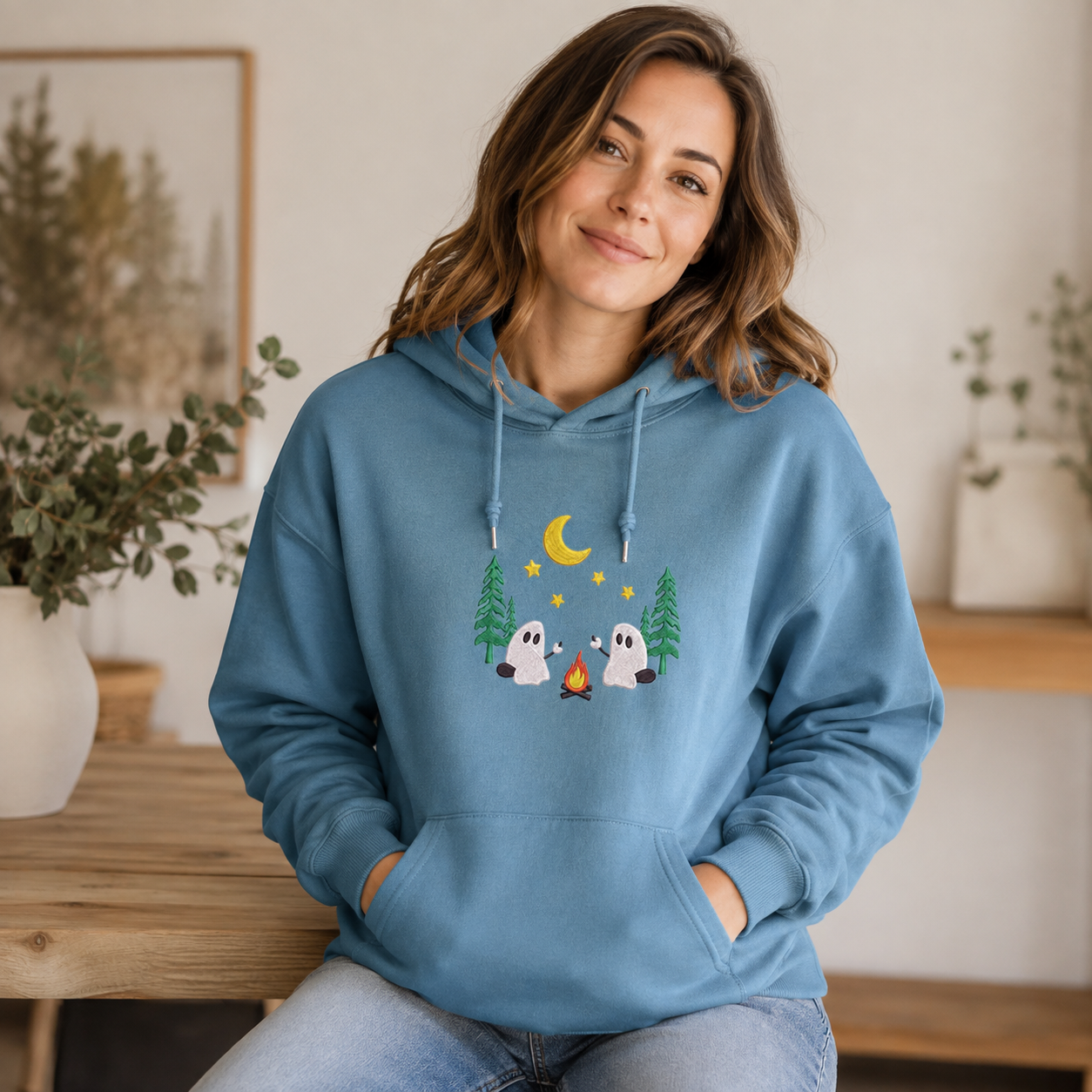 Ghosts Around Campfire Embroidered Cotton Hoodie