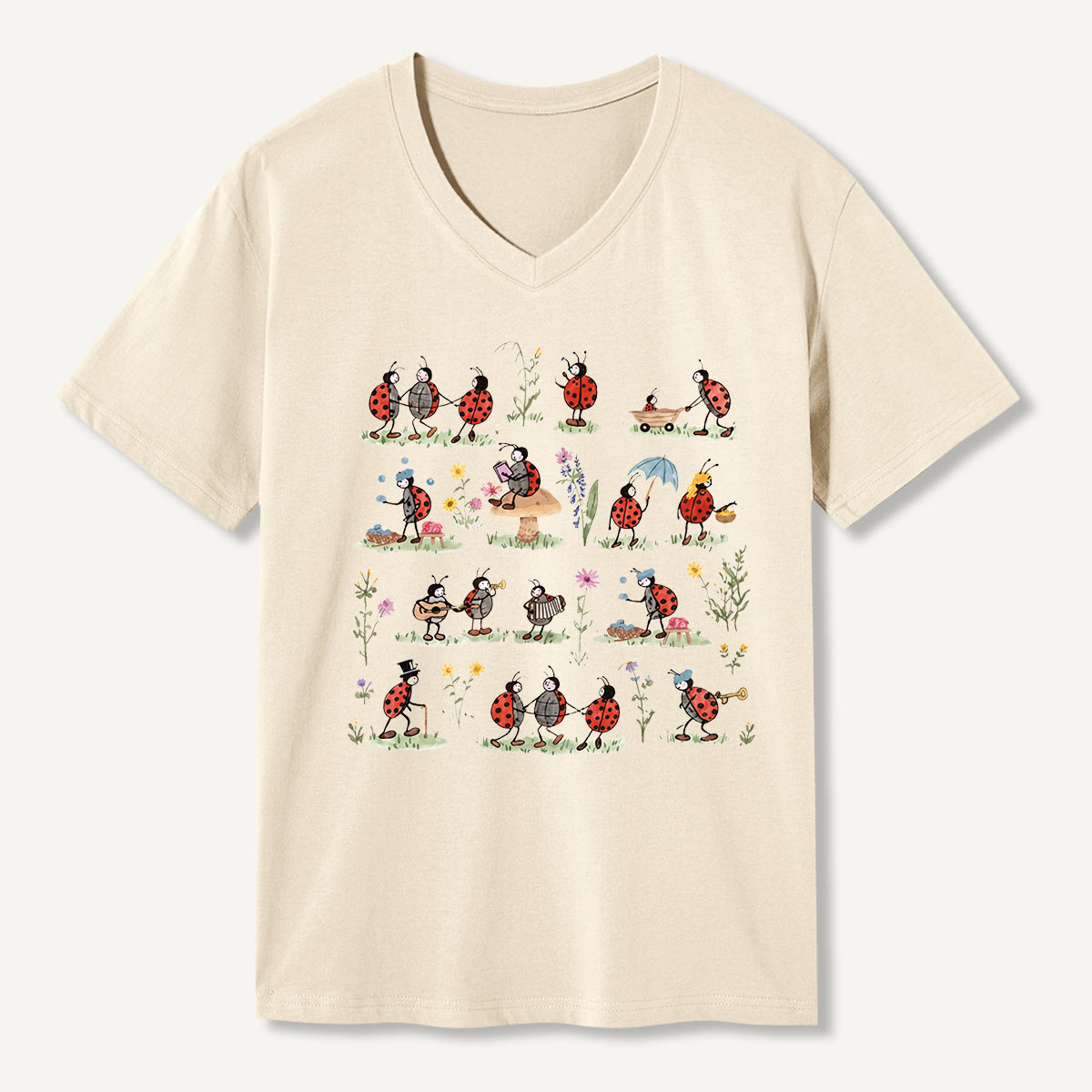 Ladybug and Flower Tee Washed V-neck T-Shirt