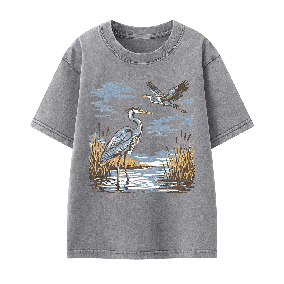 Vintage Heron Wetland Bird Nature Kids Washed T-Shirt