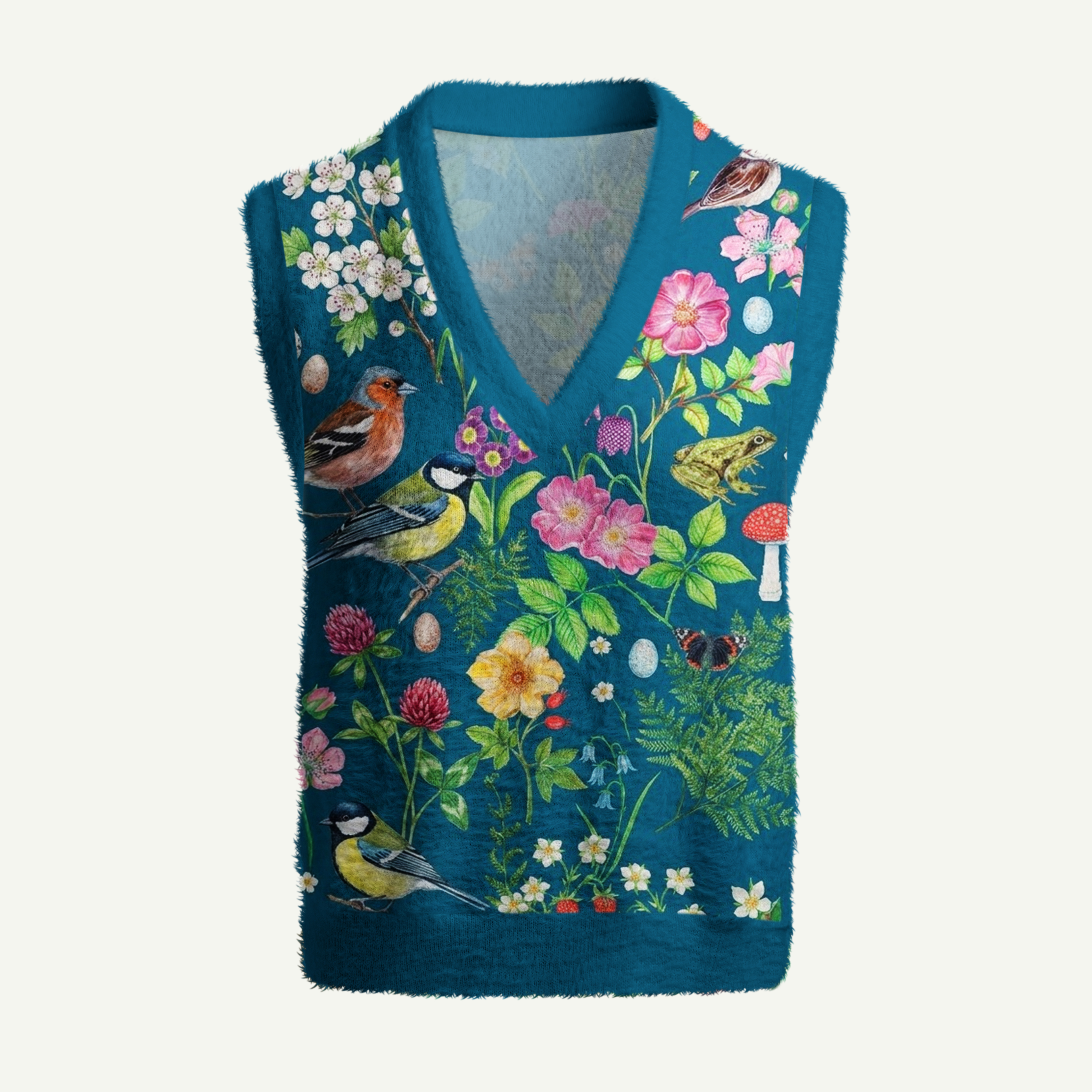 Floral Birds Botanical Nature Women's Fuzzy Vest Sweater