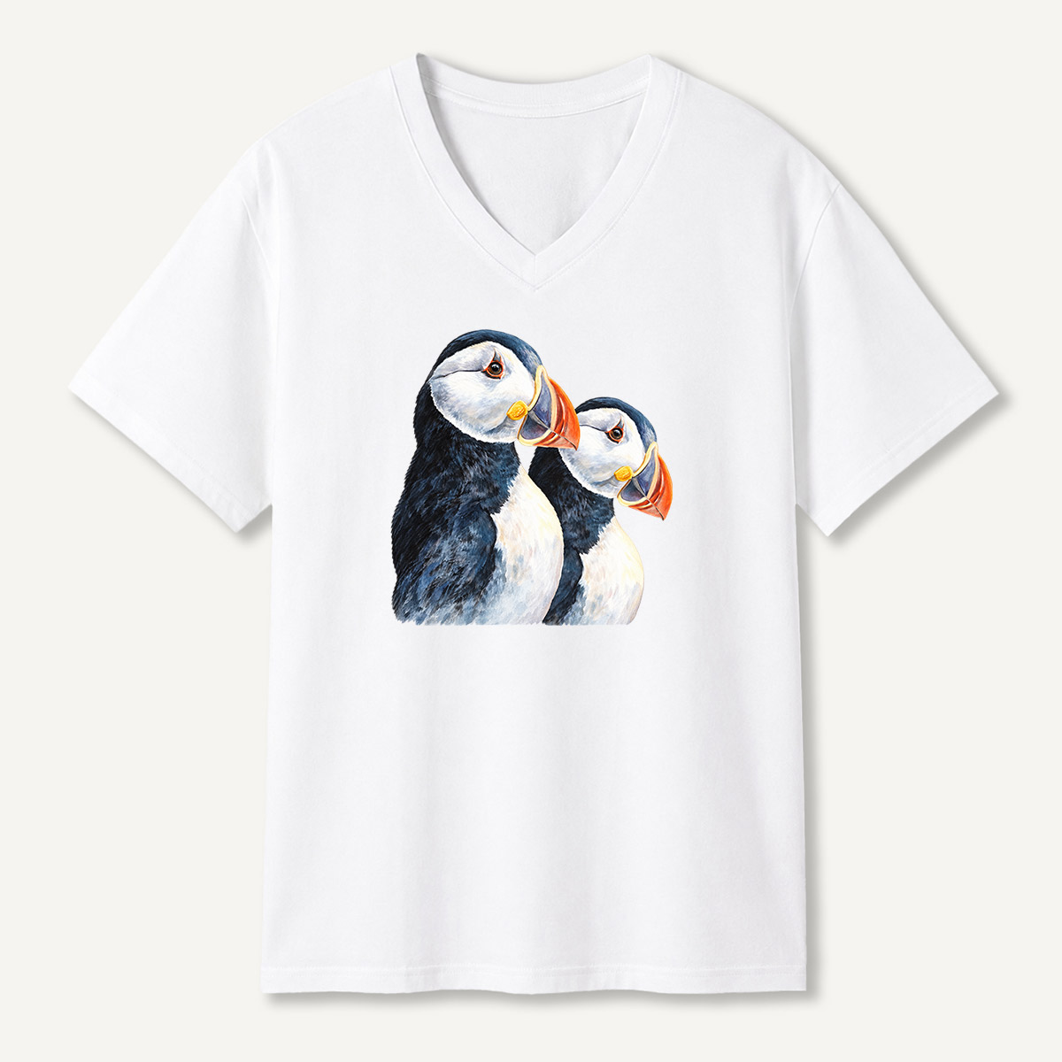 Dual Puffin Watercolor Portrait V-neck T-Shirt