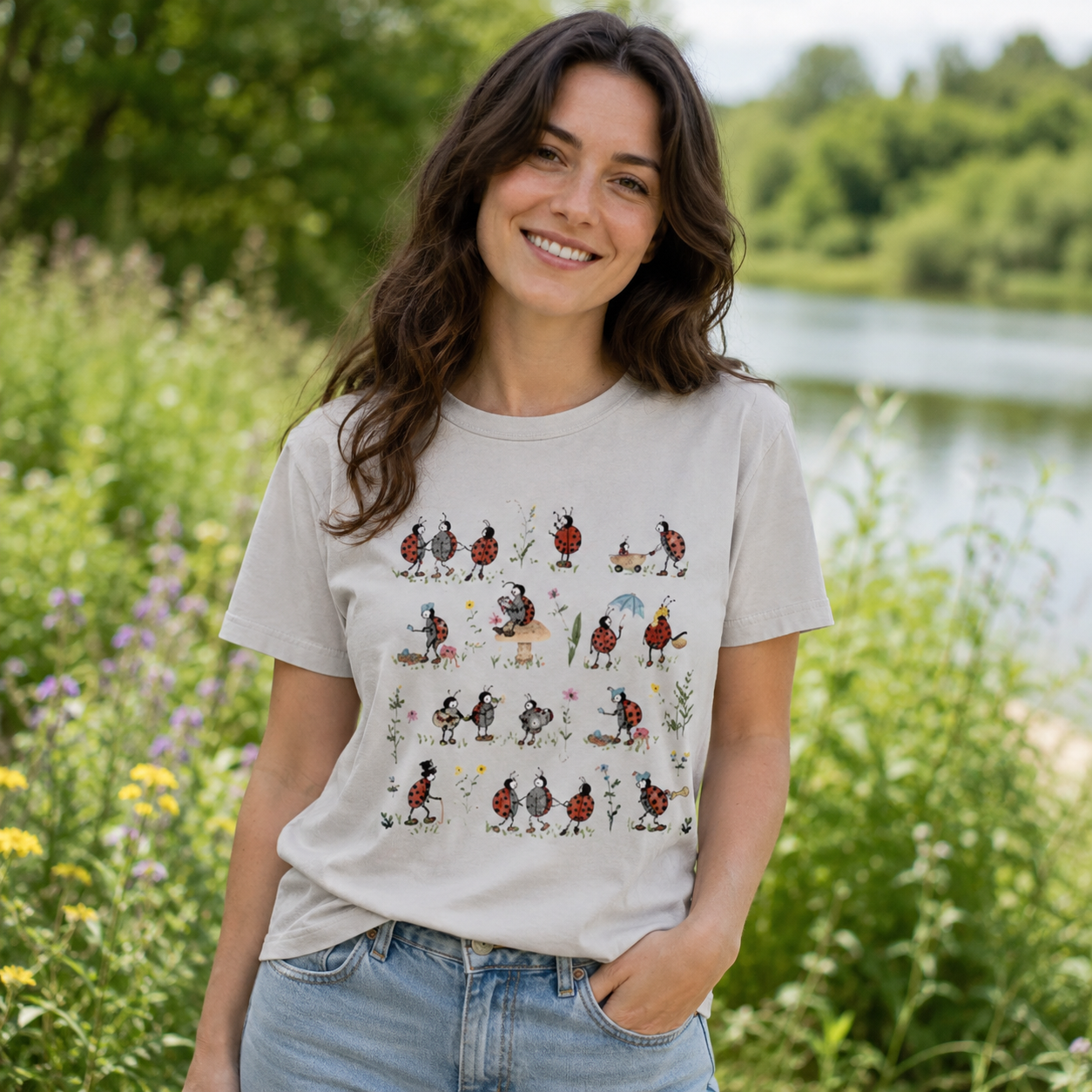Ladybug and Flower Tee Washed T-Shirt