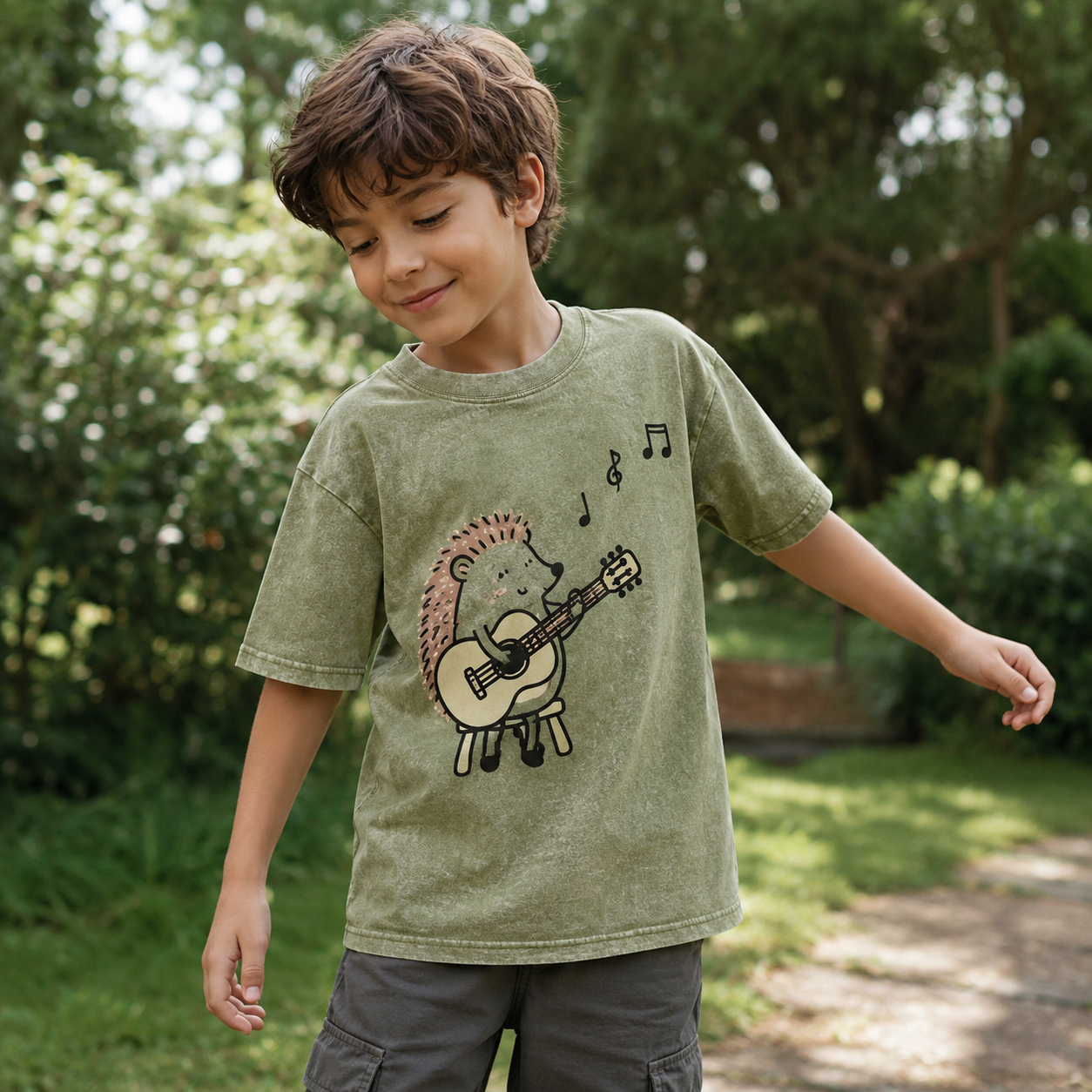 Hedgehog Guitar Music Kids Washed T-Shirt