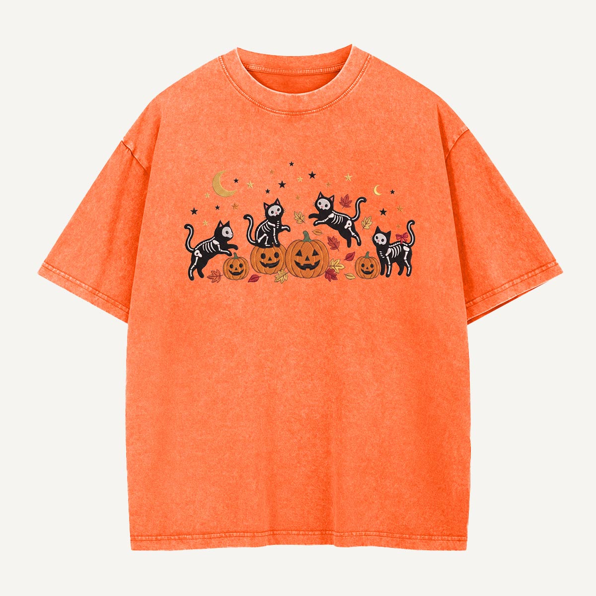 Skeleton Cats Pumpkin Party Washed T-Shirt