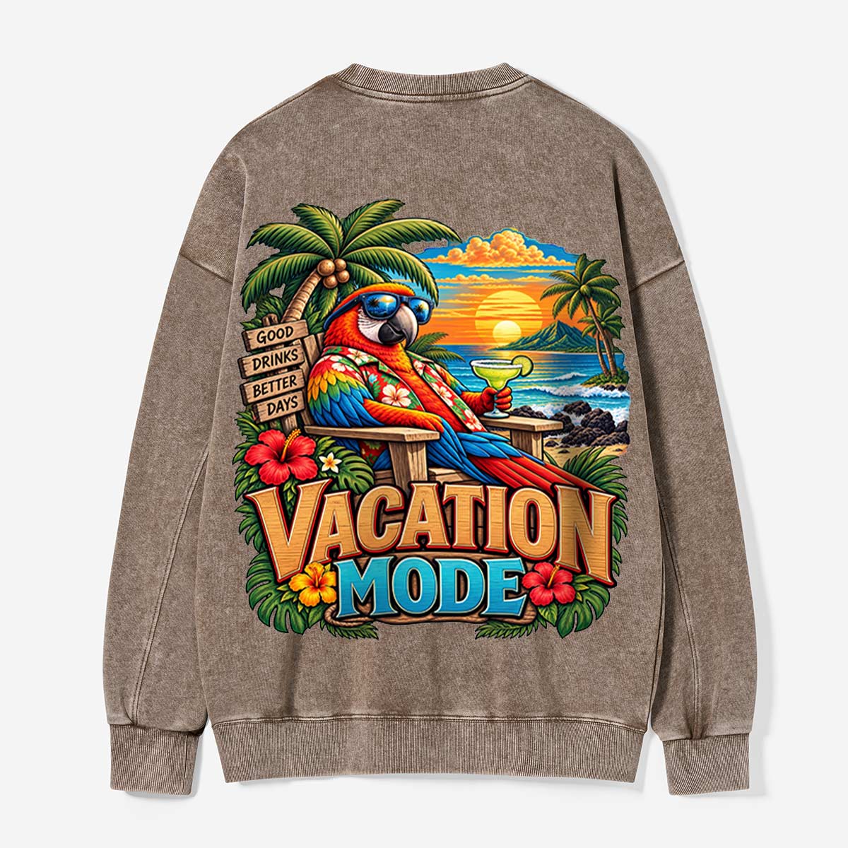 Vacation Mode Tropical Beach Cocktail Graphic Washed Sweatshirts