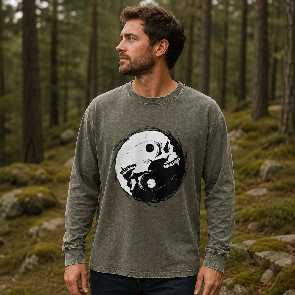 Two Skulls One Yin Yang Washed Long Sleeves