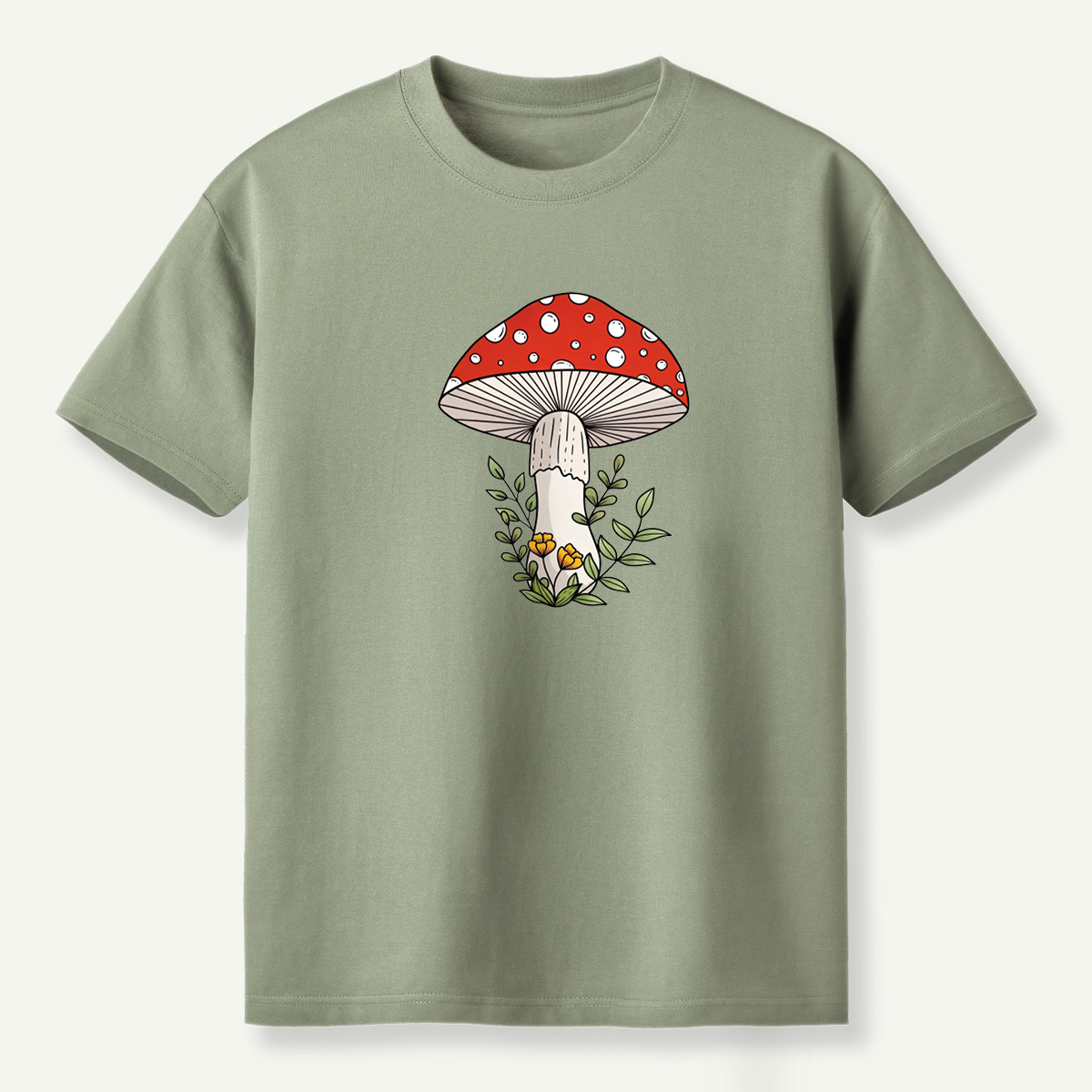 Red Amanita Mushroom Wildflower Botanical Illustration T-Shirt