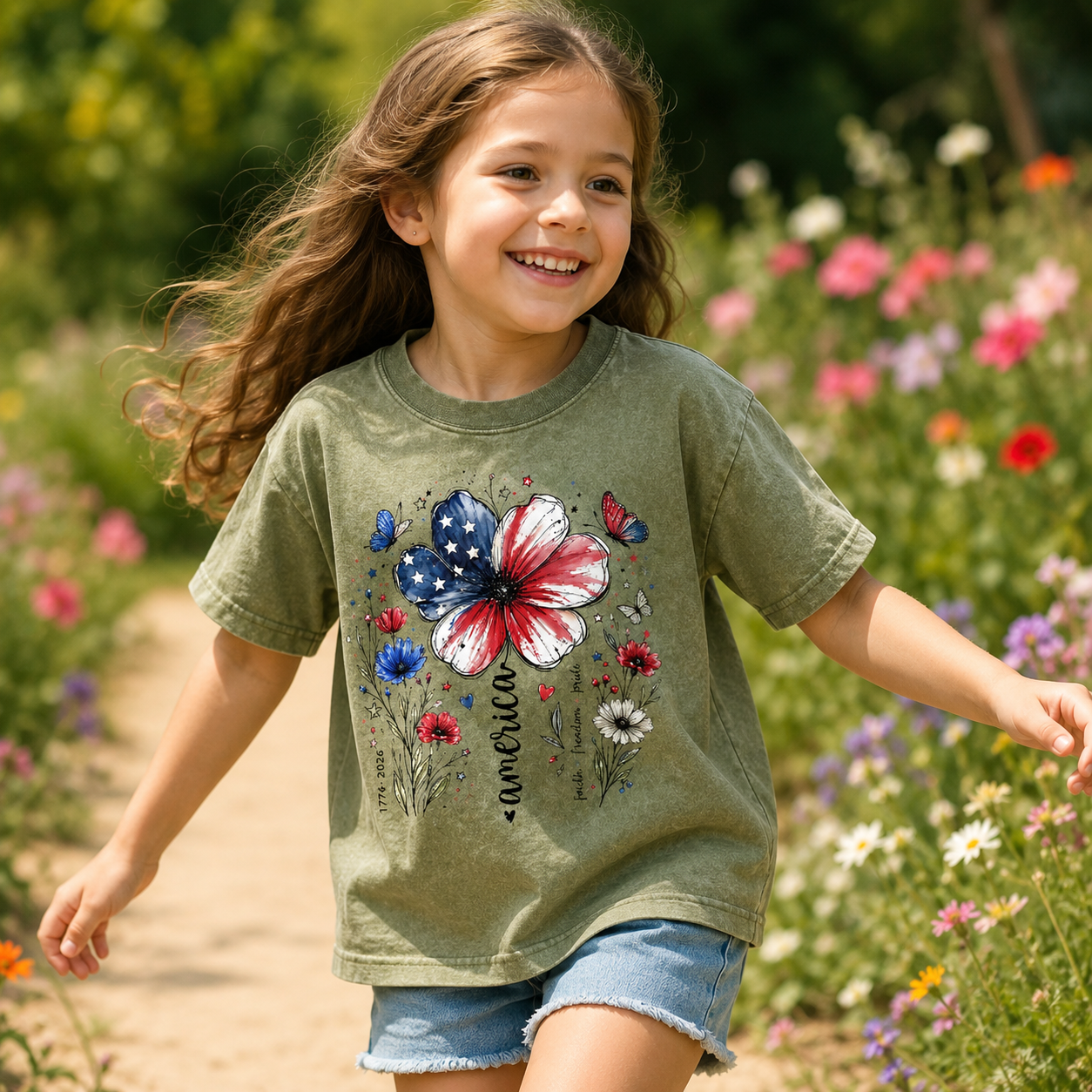 USA 250th Anniversary Floral Kids Washed T-Shirt