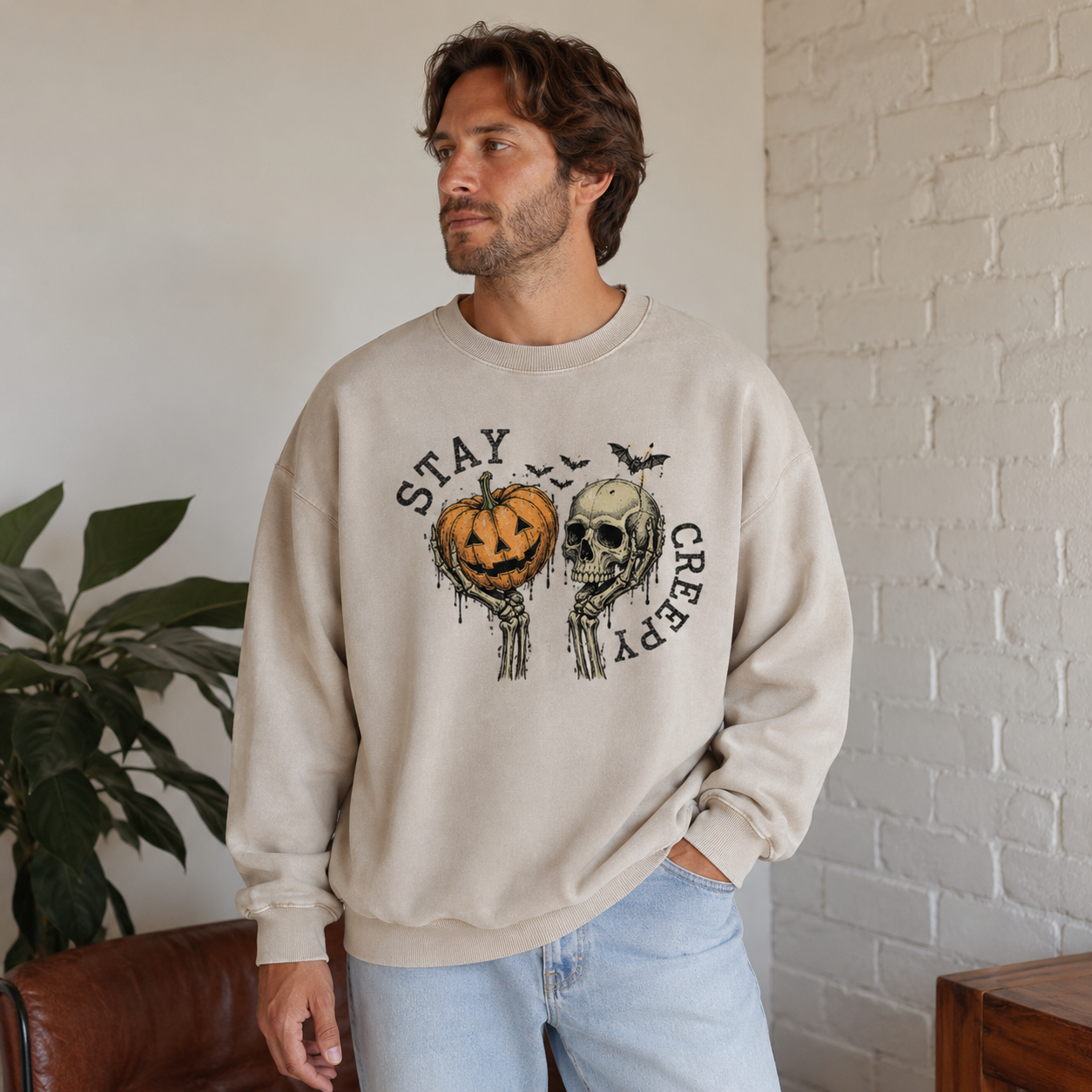 Stay Creepy Skull Pumpkin Washed Sweatshirts