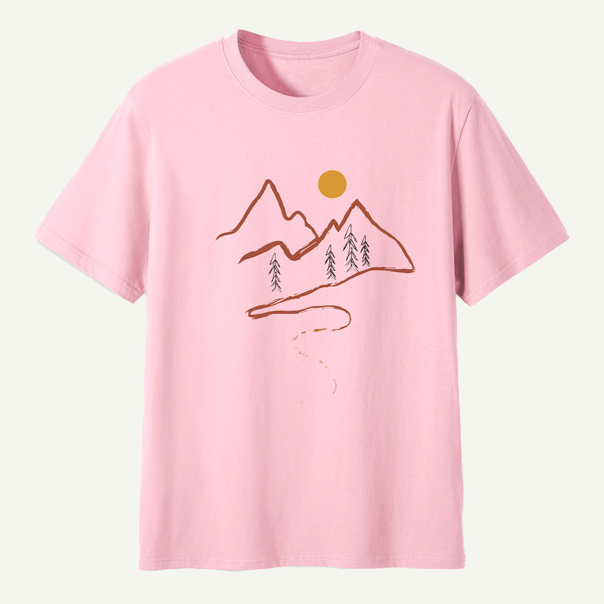 Minimal Mountain Sun Trail Line Art T-Shirt