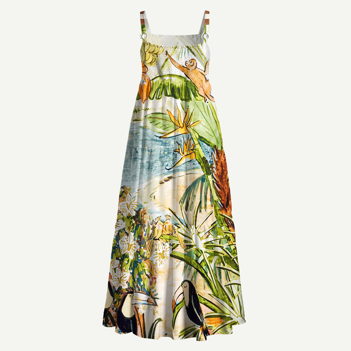 Tropical Jungle Toucan and Monkey Straps Maxi Dress