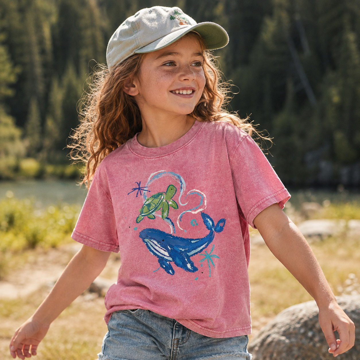 Whale and Turtle Ocean Friends Kids Washed T-Shirt