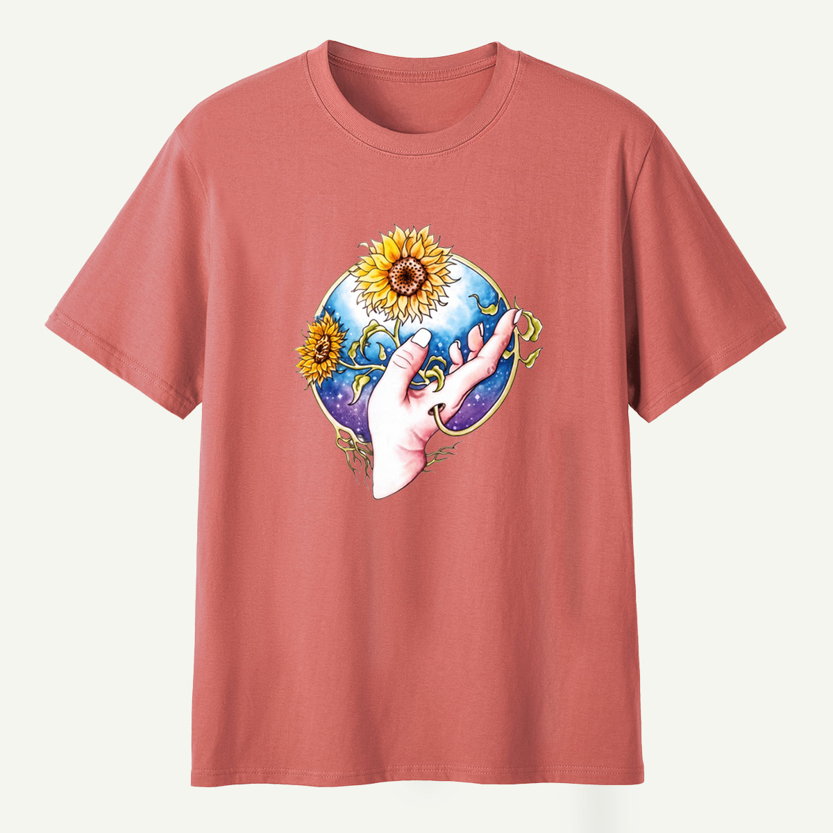 Sunflower Hand Galaxy Botanical Illustration T-Shirt