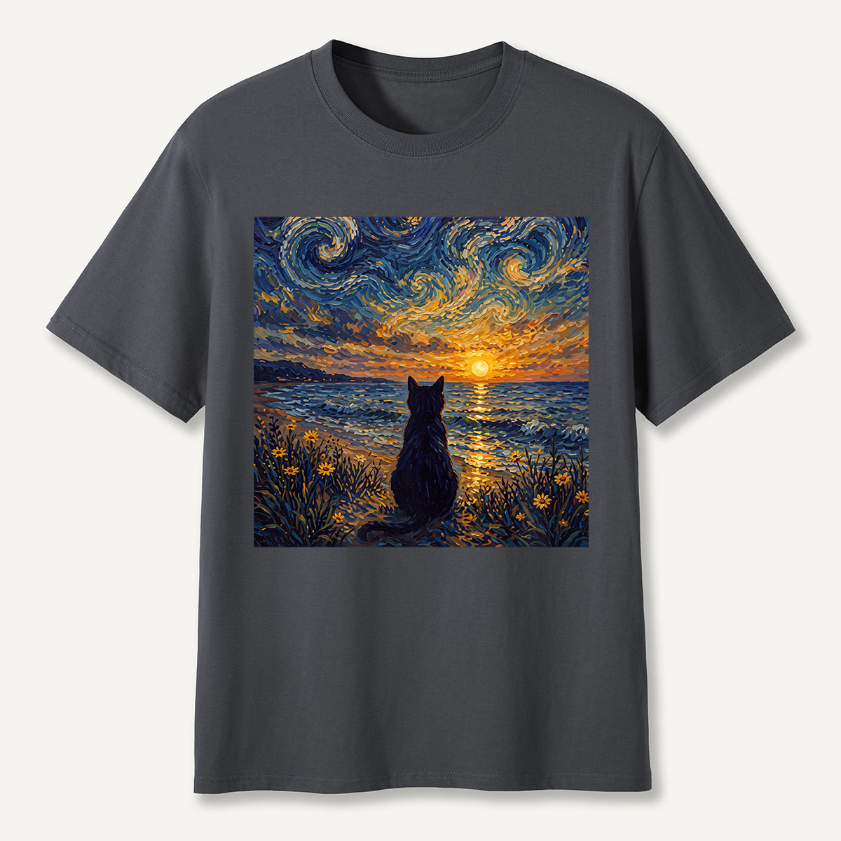 Starry Night Sunset Cat Seaside T-Shirt