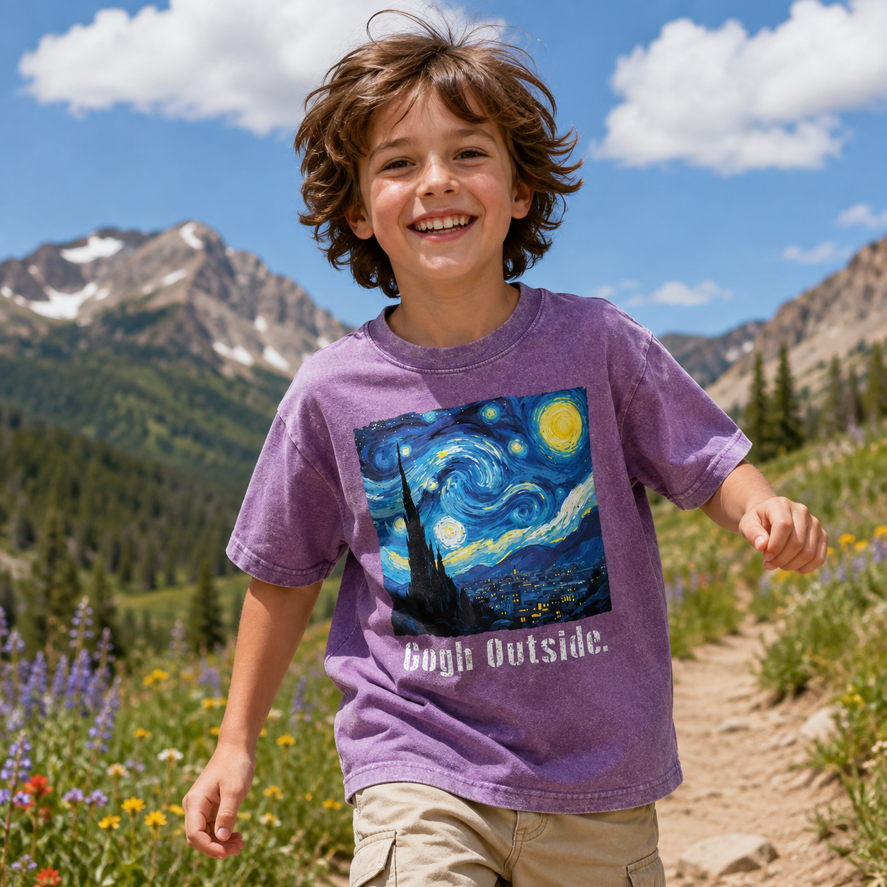 Swirl Night Sky Gogh Outside Kids Washed T-Shirt