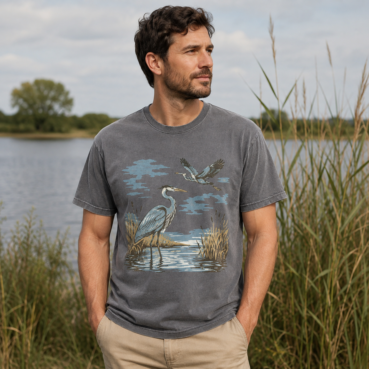 Vintage Heron Wetland Bird Nature Washed T-Shirt