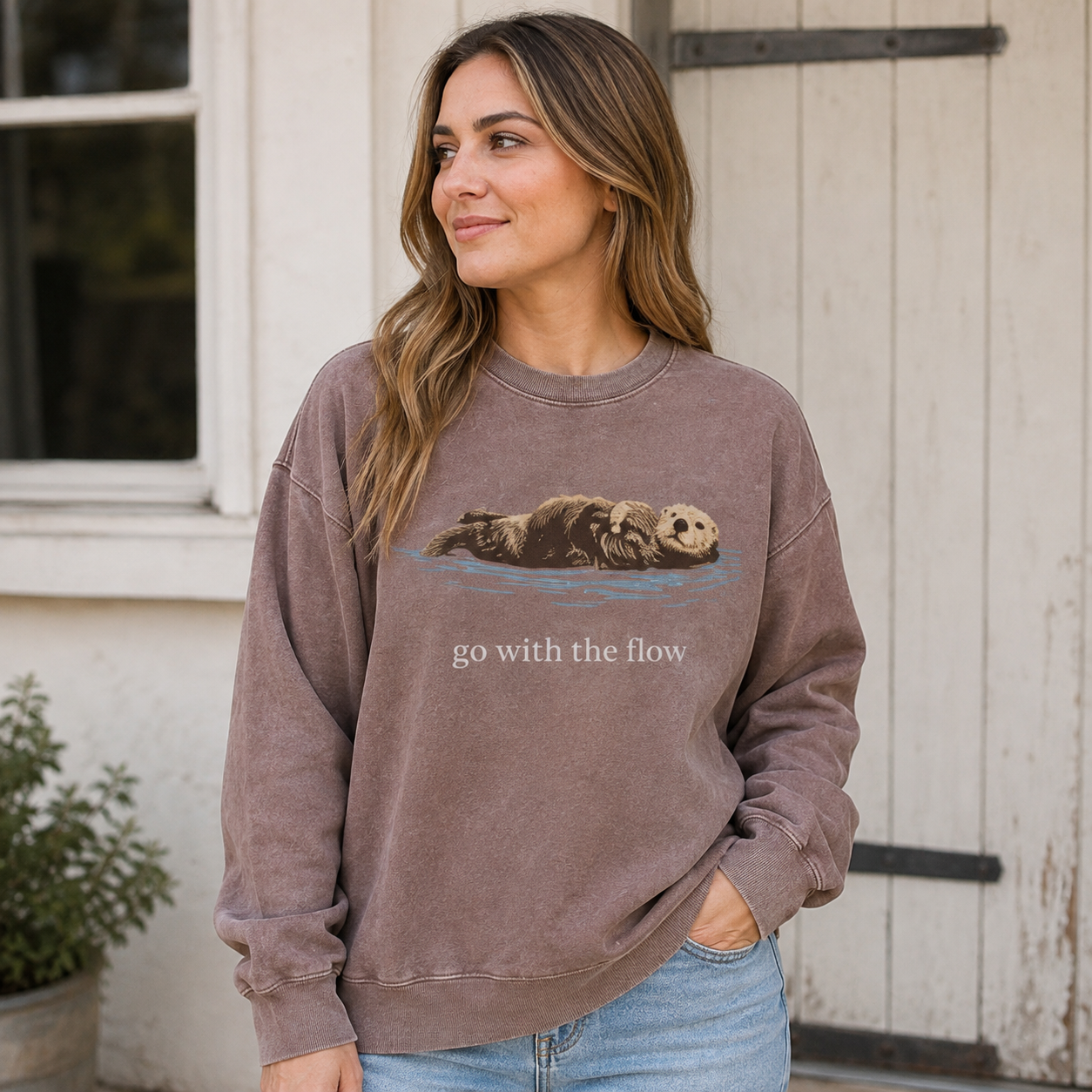 Go With The Flow Sea Otter Wildlife Nature Washed Sweatshirts