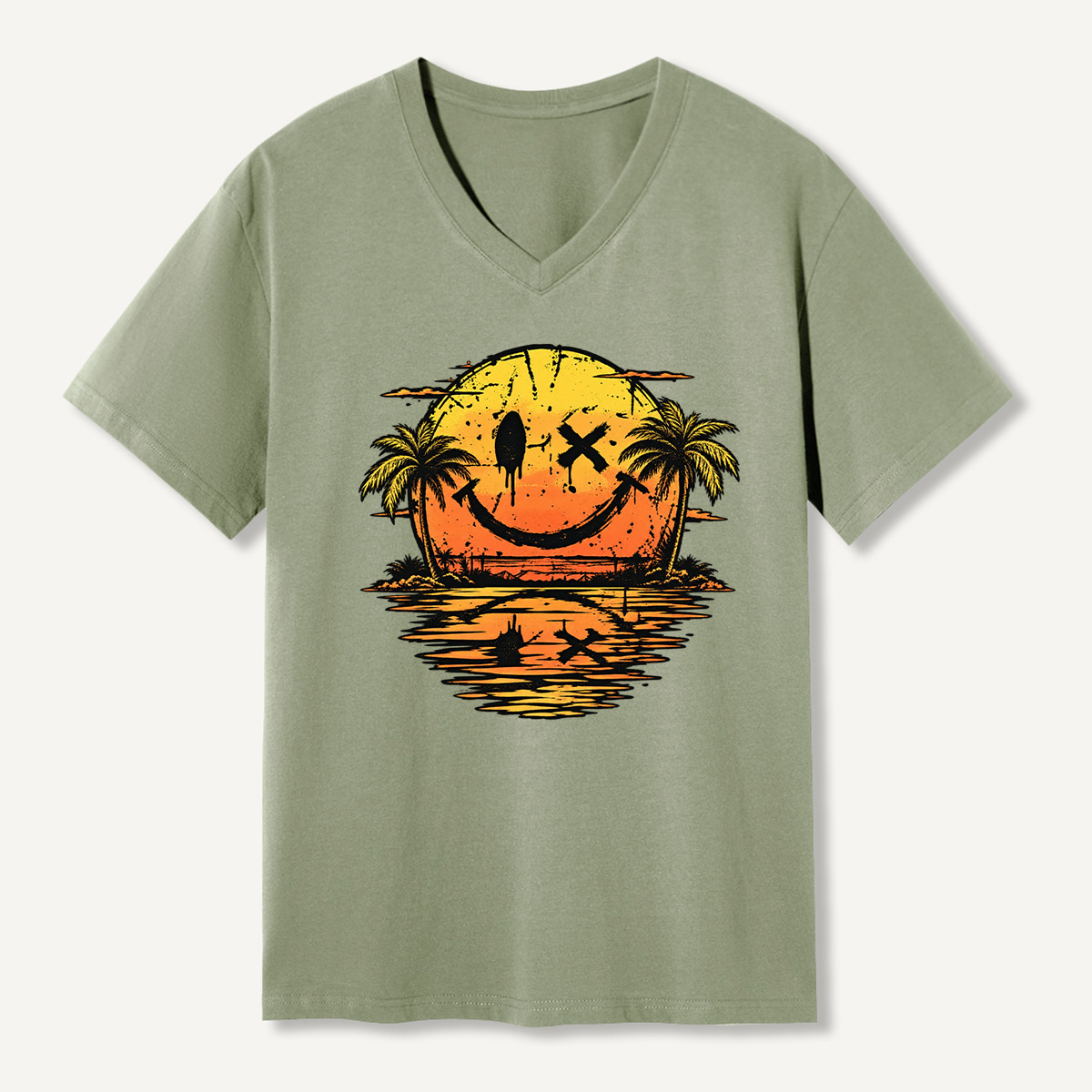 Tropical Sunset Fun Face Landscape V-neck T-Shirt