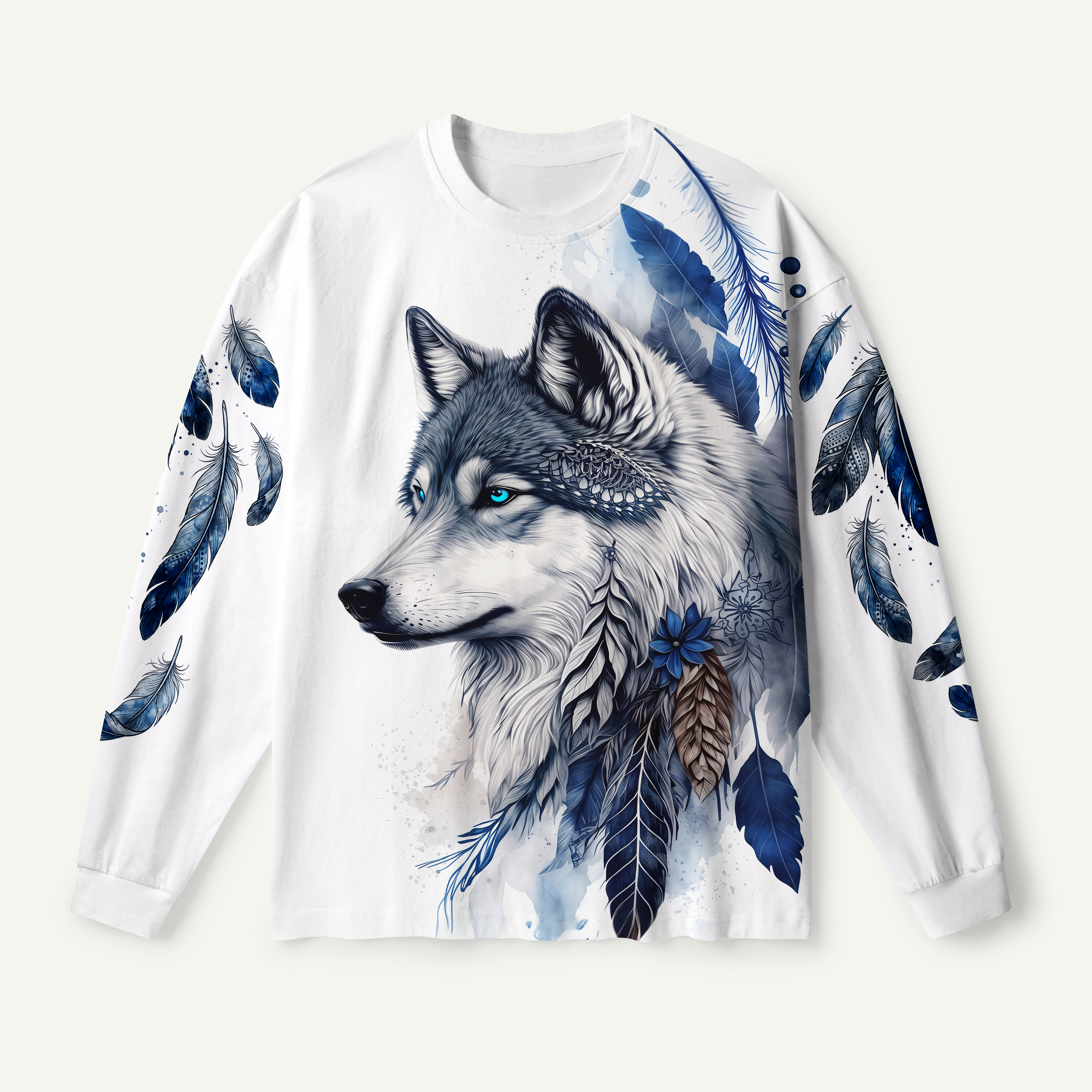 Blue Feather Wolf Spirit Portrait Premium Pure Cotton Long Sleeves