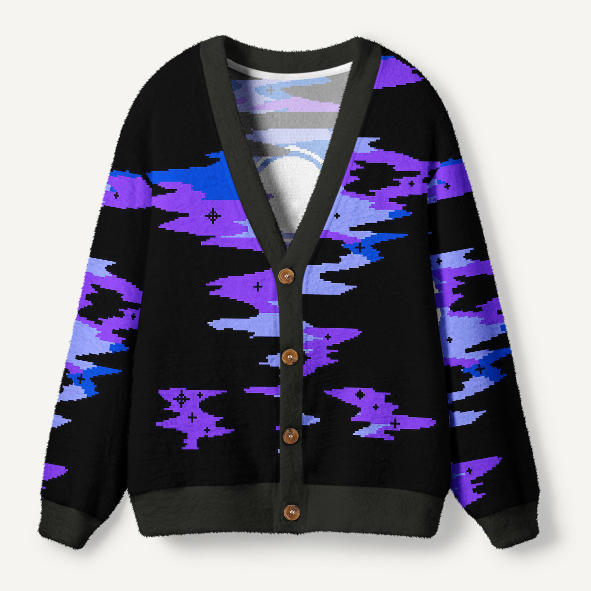 Pixel Moon Through Purple Clouds Ugly Cardigan Sweaters
