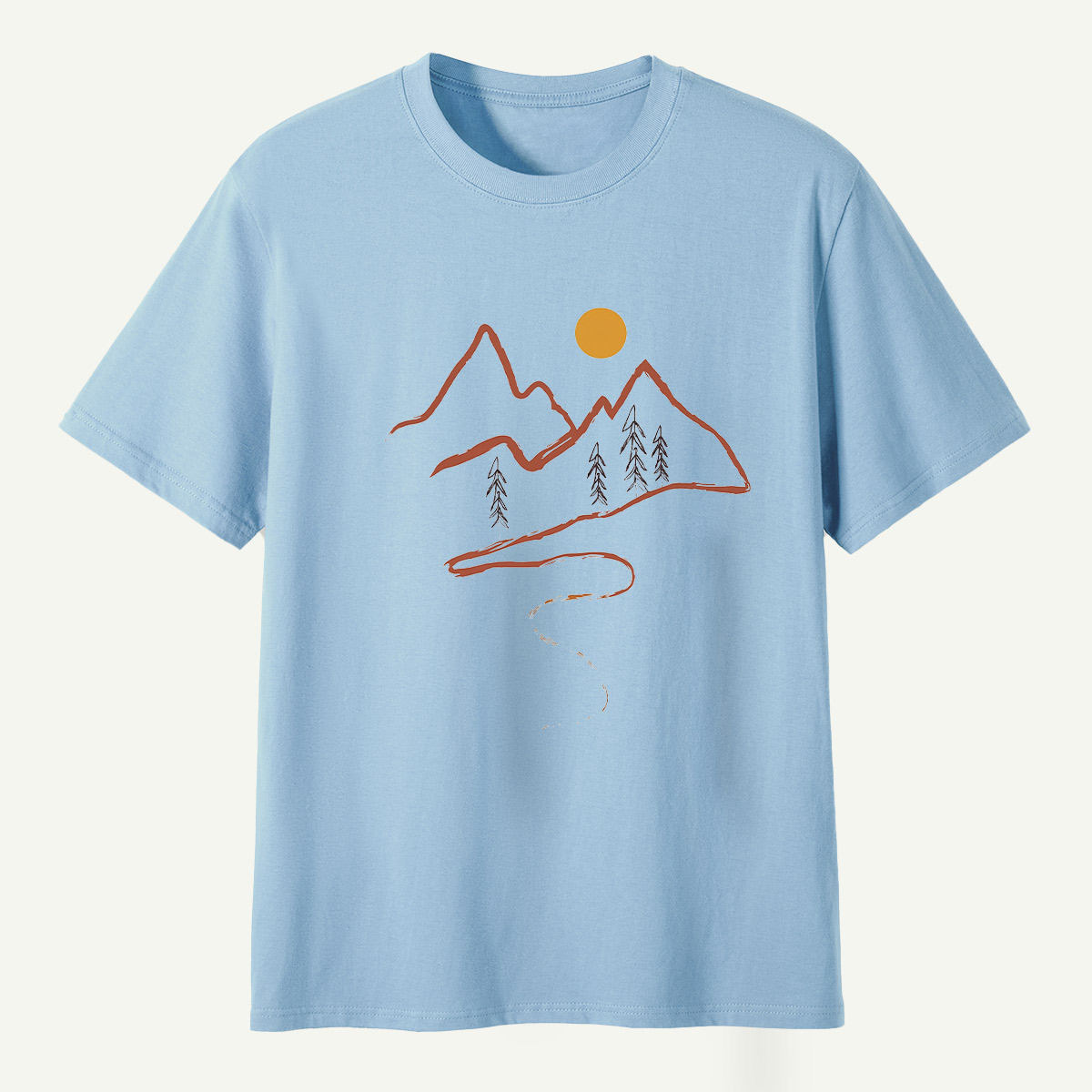 Minimal Mountain Sun Trail Line Art T-Shirt