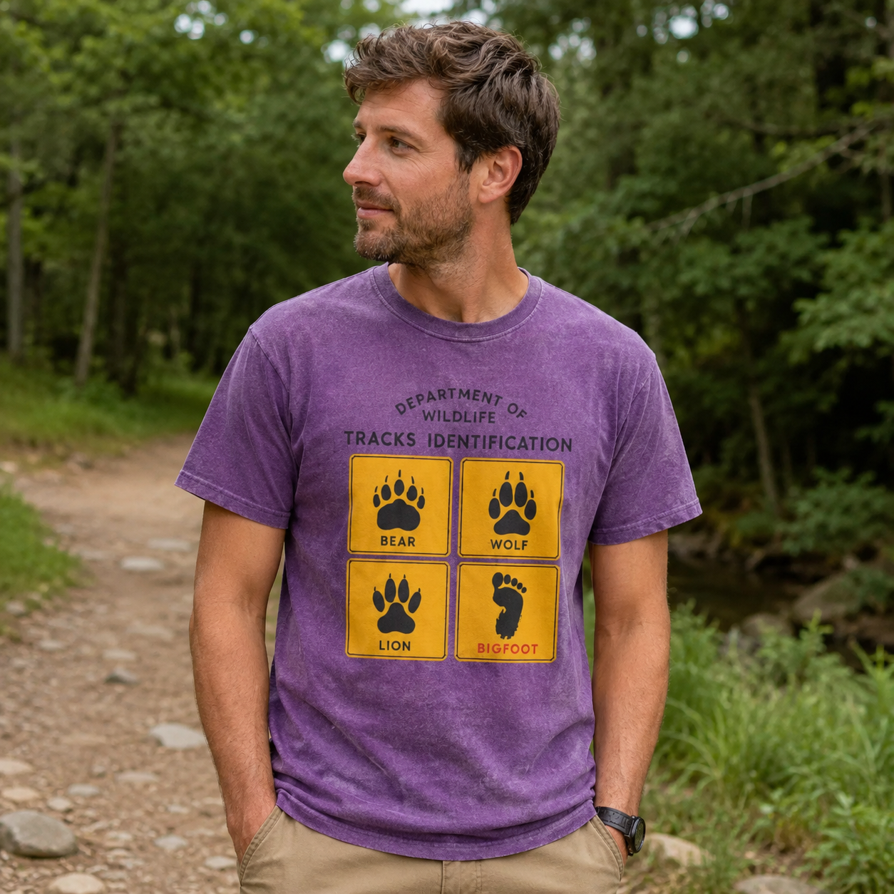  Department of Wildlife Tracks Identification Bear Wolf Lion Cryptids Washed T-Shirt