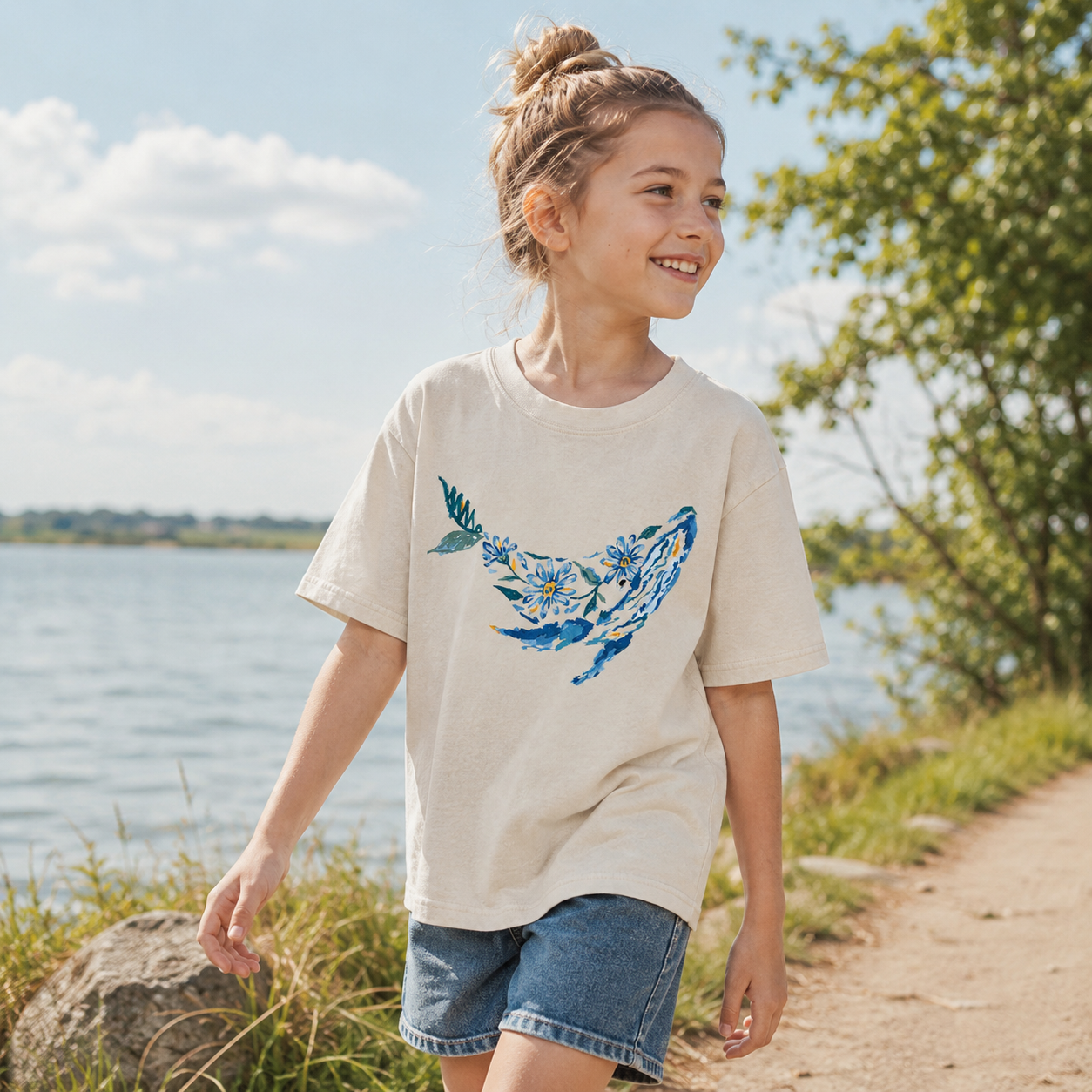Floral Whale Silhouette Kids Washed T-Shirt