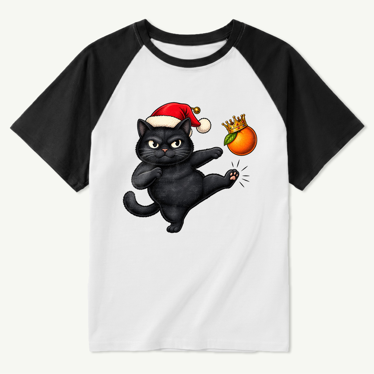 Santa Black Cat Kicking A Crowned Orange Raglan T-Shirt