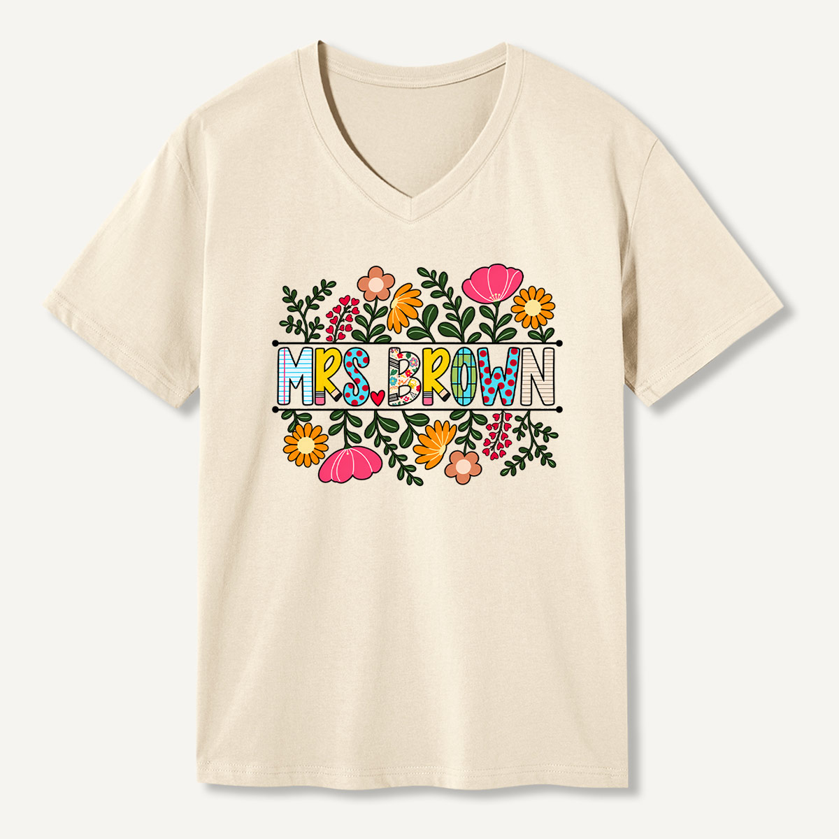 Mrs Brown Floral Teacher Graphic V-neck T-Shirt