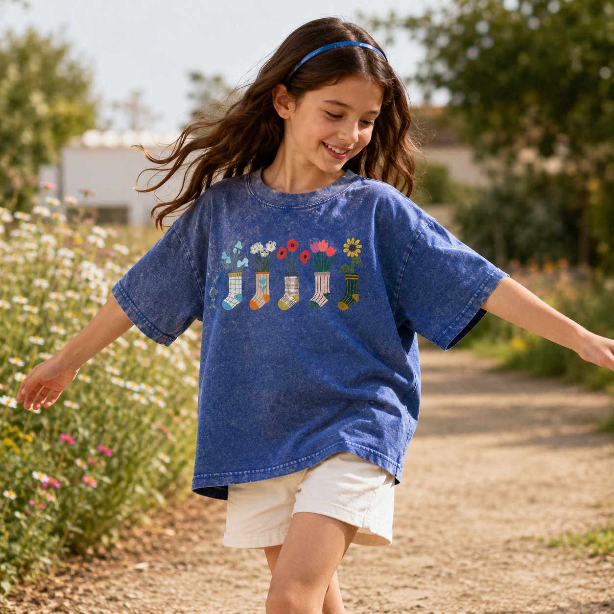 Sock Flower Garden Mint Kids Washed T-Shirt