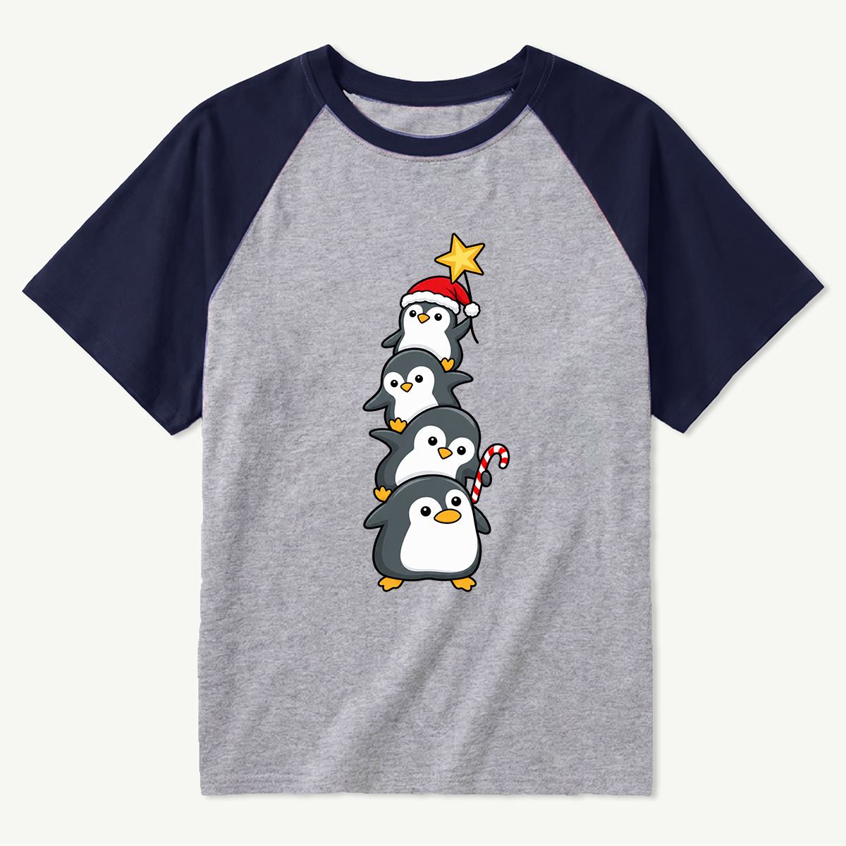 Four Cute Penguins Stacked As A Christmas Tree Raglan T-Shirt
