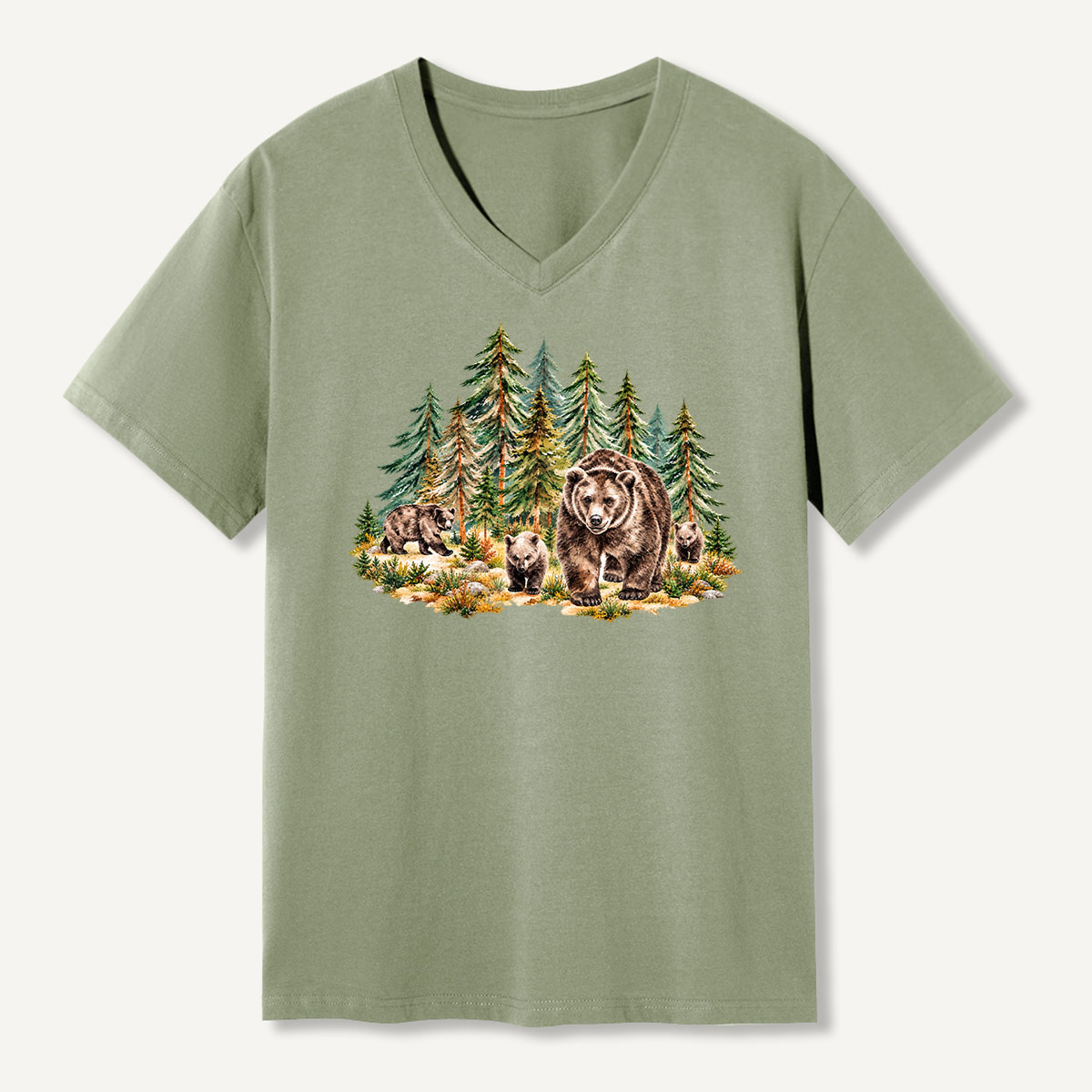 Bear Family In Pine Forest Illustration V-neck T-Shirt