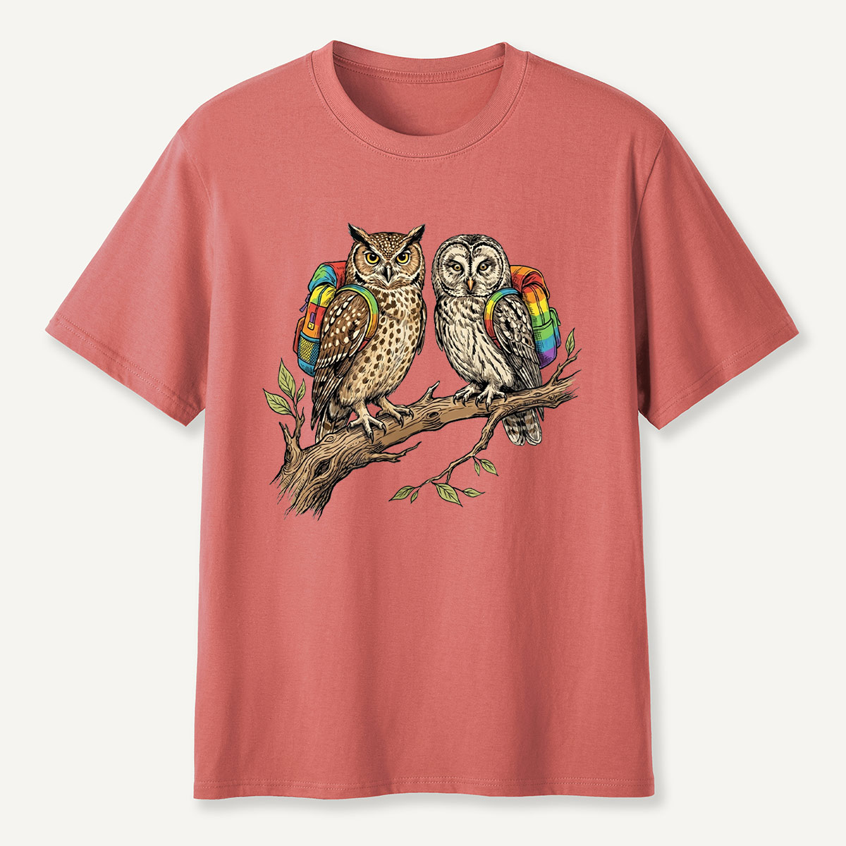 Couple Owls on Branch with Rainbow Backpacks T-Shirt
