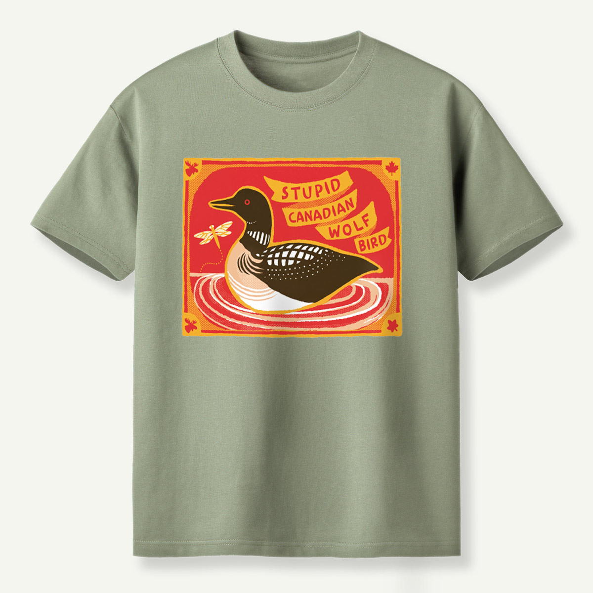Stupid Canadian Wolf Bird Duck Lake Wildlife Retro Illustration T-Shirt