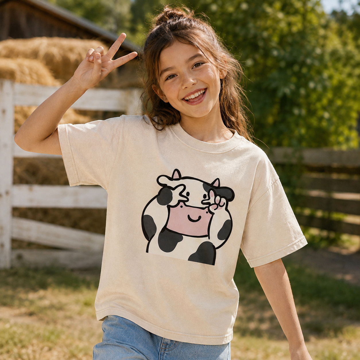 Peekaboo Cow Cute Cartoon Kids Washed T-Shirt